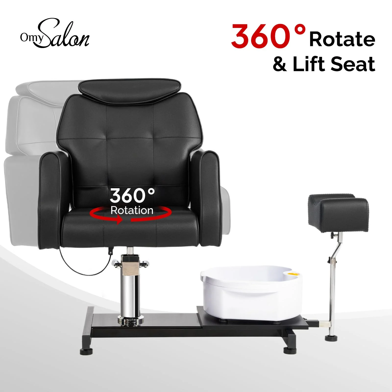 OmySalon PCM-WB 360° Rotation Hydraulic Pedicure Chair with Bubble Massage Foot Bath & Rolling Stool - Image 4