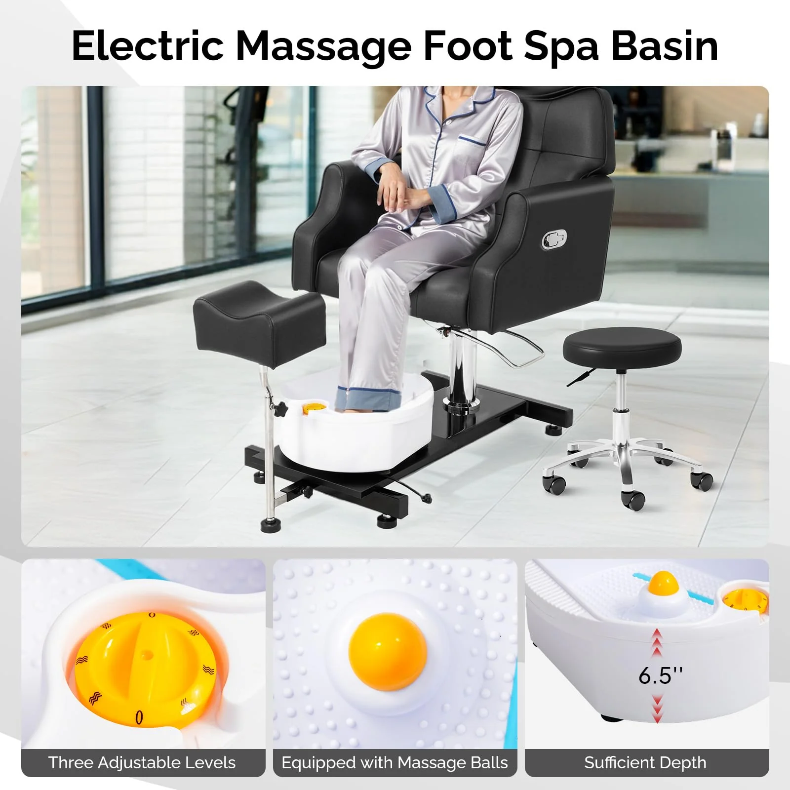 OmySalon PCM-WB 360° Rotation Hydraulic Pedicure Chair with Bubble Massage Foot Bath & Rolling Stool - Image 7