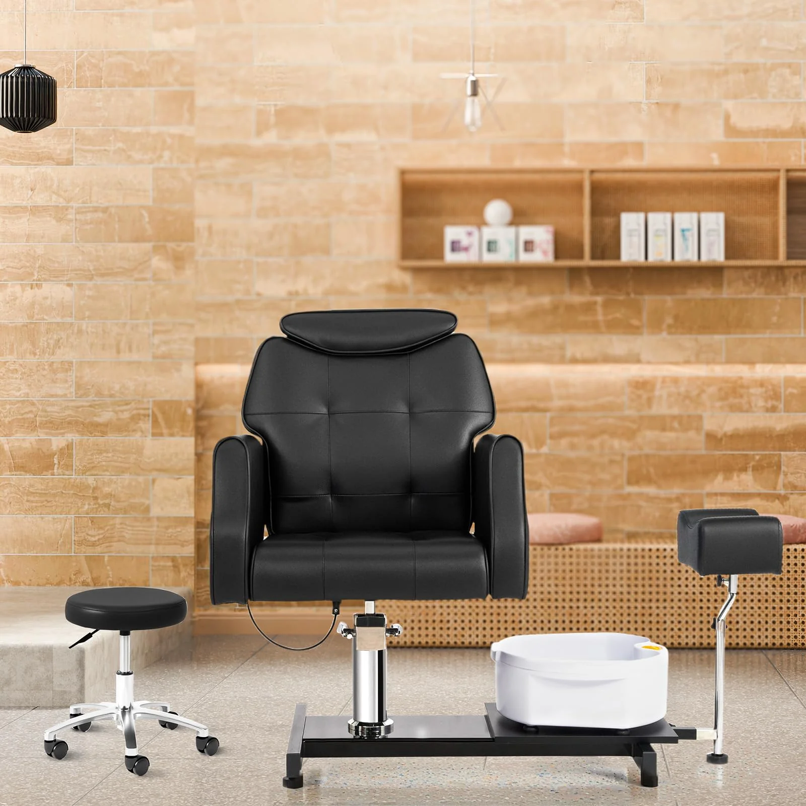 OmySalon PCM-WB 360° Rotation Hydraulic Pedicure Chair with Bubble Massage Foot Bath & Rolling Stool - Image 8