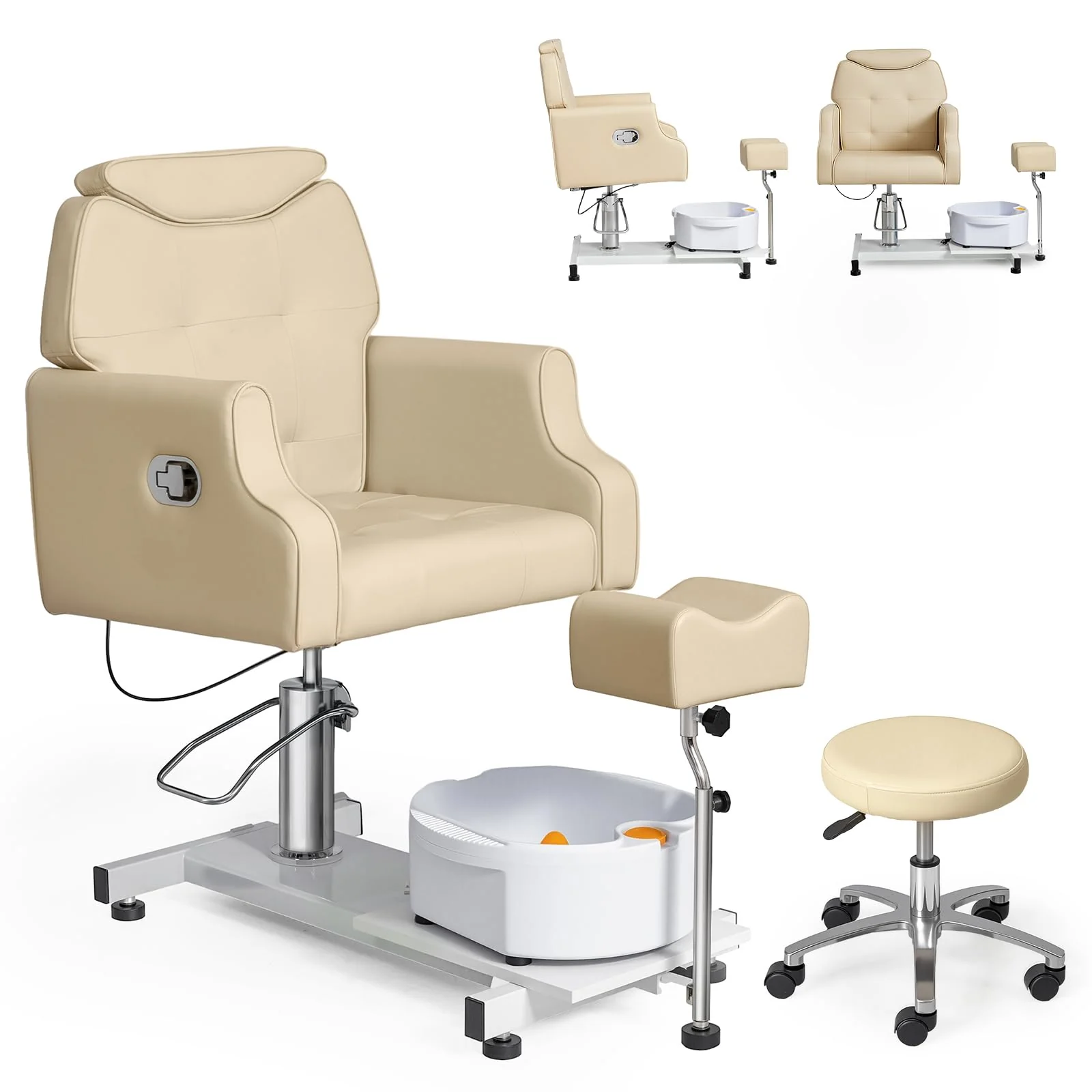 OmySalon PCM-WB 360° Rotation Hydraulic Pedicure Chair with Bubble Massage Foot Bath & Rolling Stool - Image 9