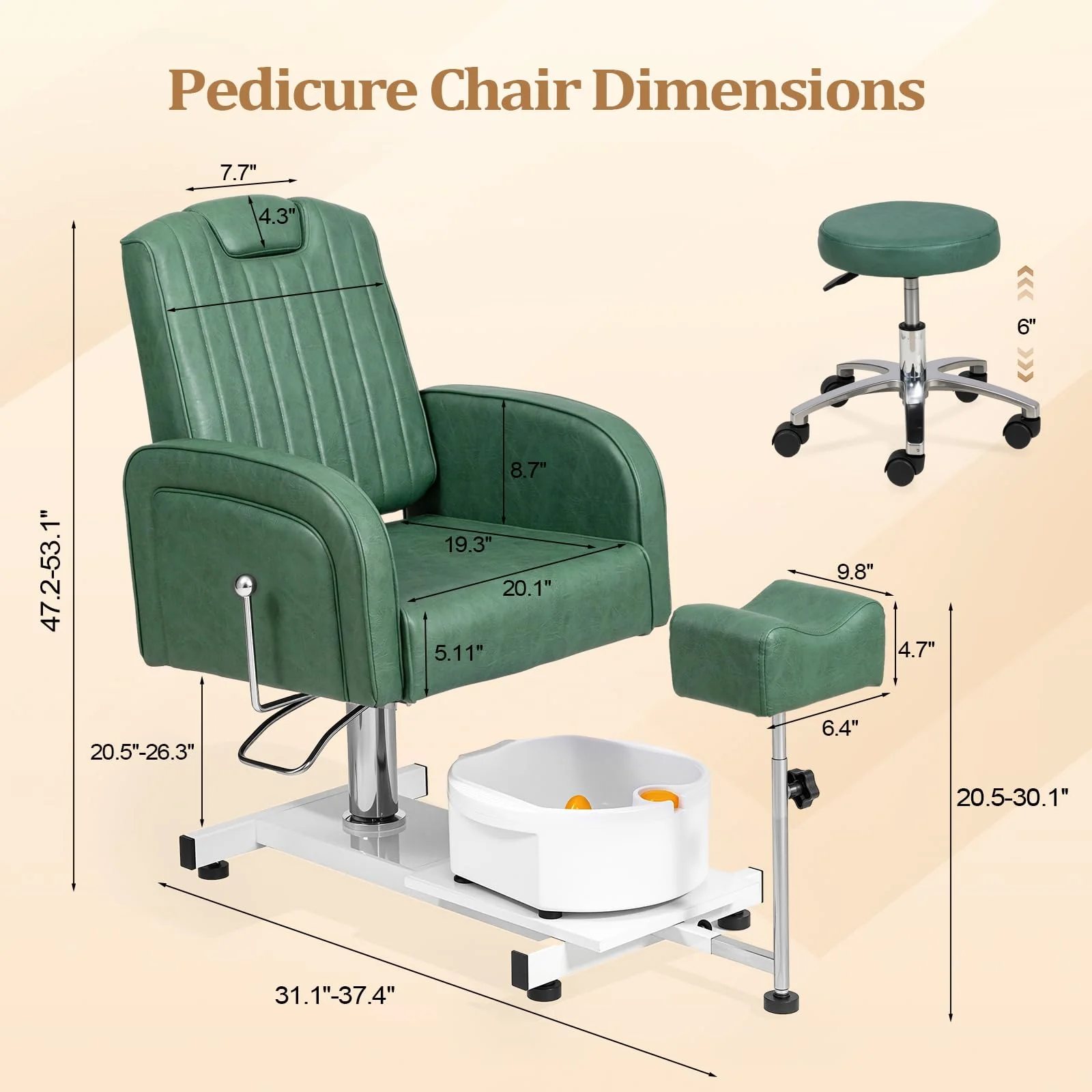 OmySalon PCM-WB 360° Rotation Hydraulic Pedicure Spa Chair with Bubble Foot Bath & Rolling Stool - Image 3
