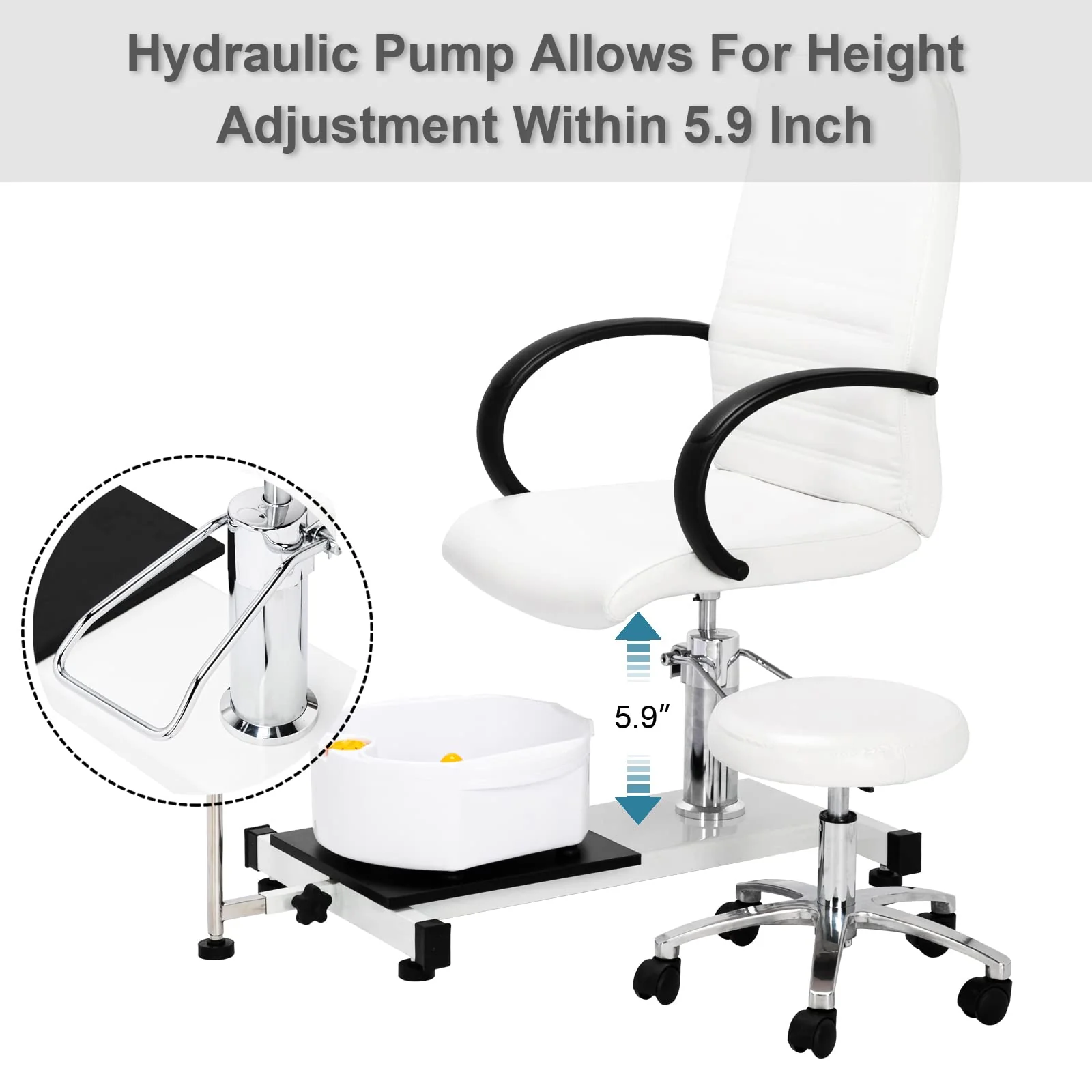 OmySalon PUS-01 Hydraulic Pedicure Chair with Adjustable Foot Rest & Bubble Massage Foot Bath & Rolling Stool - Image 3