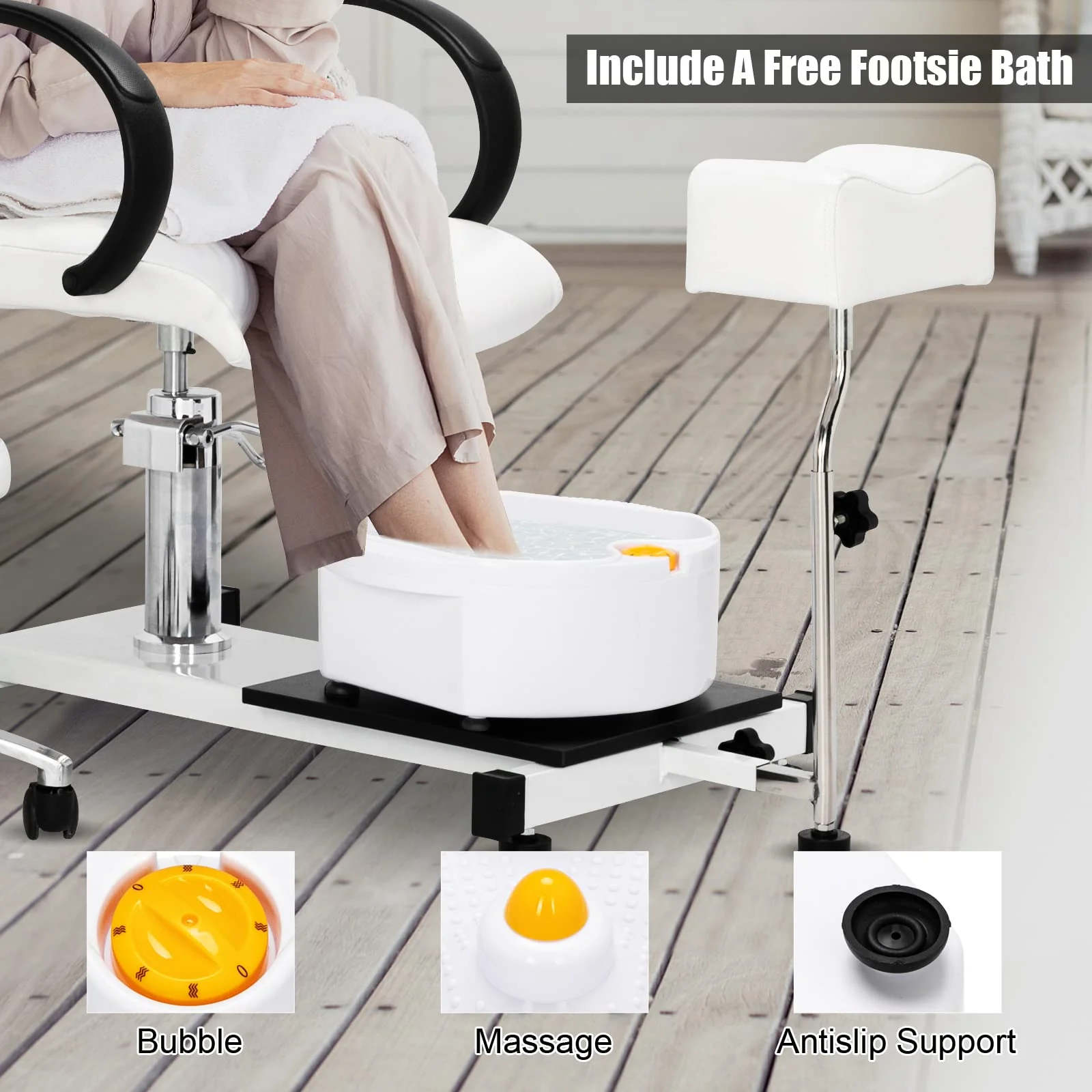 OmySalon PUS-01 Hydraulic Pedicure Chair with Adjustable Foot Rest & Bubble Massage Foot Bath & Rolling Stool - Image 5