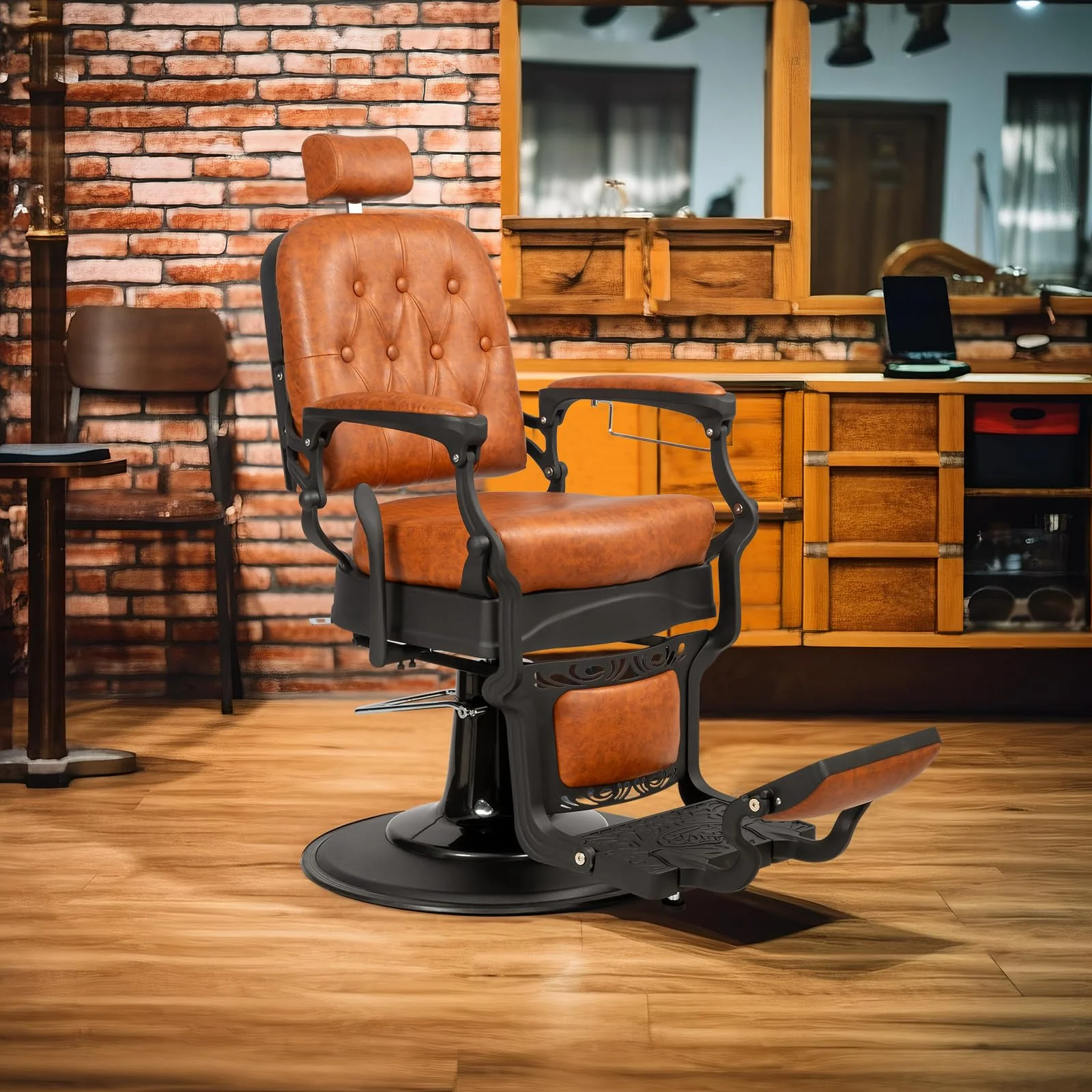 OmySalon PH701 Vintage Style Heavy Duty Hydraulic Recline Square Backrest Barber Chair - Image 2