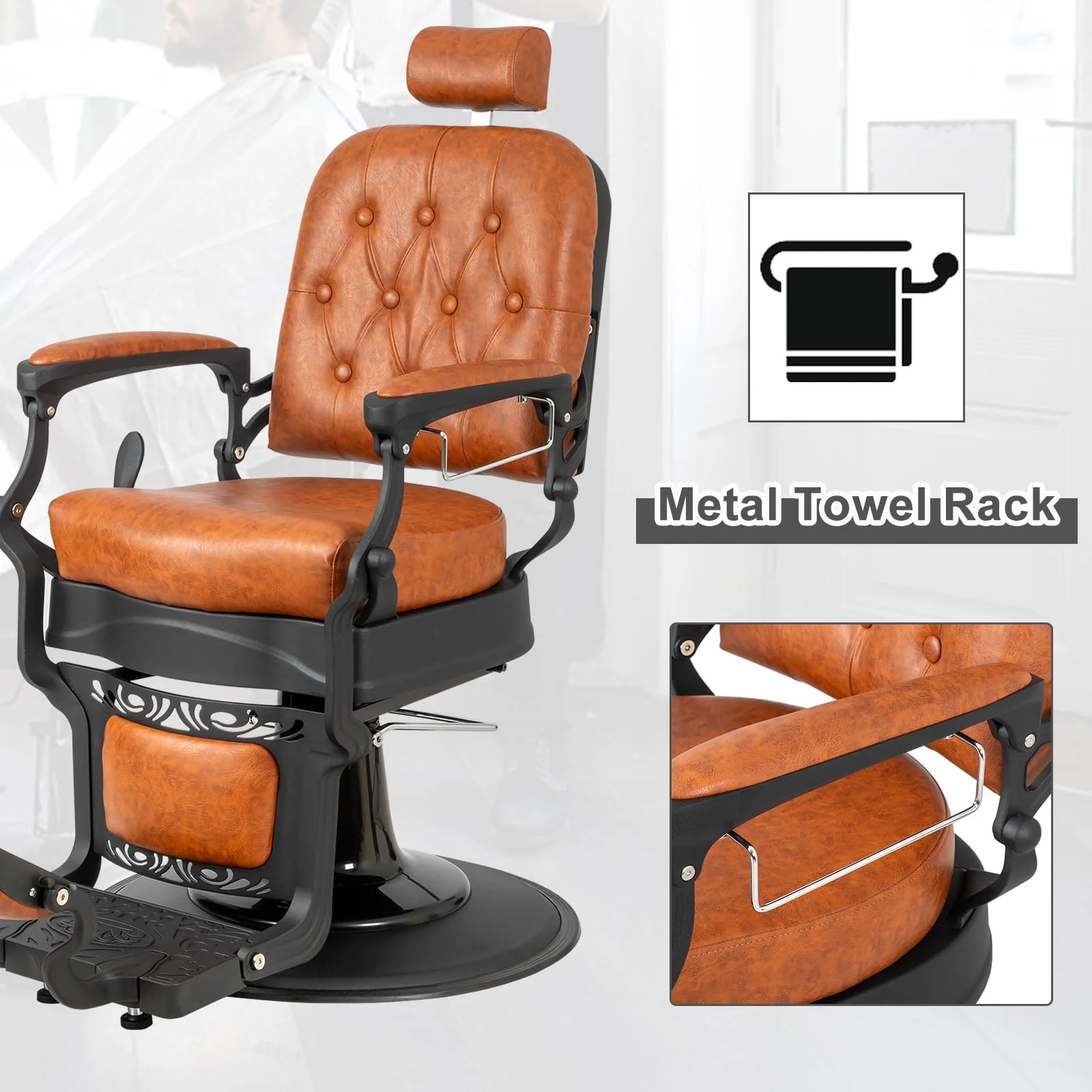 OmySalon PH701 Vintage Style Heavy Duty Hydraulic Recline Square Backrest Barber Chair - Image 5