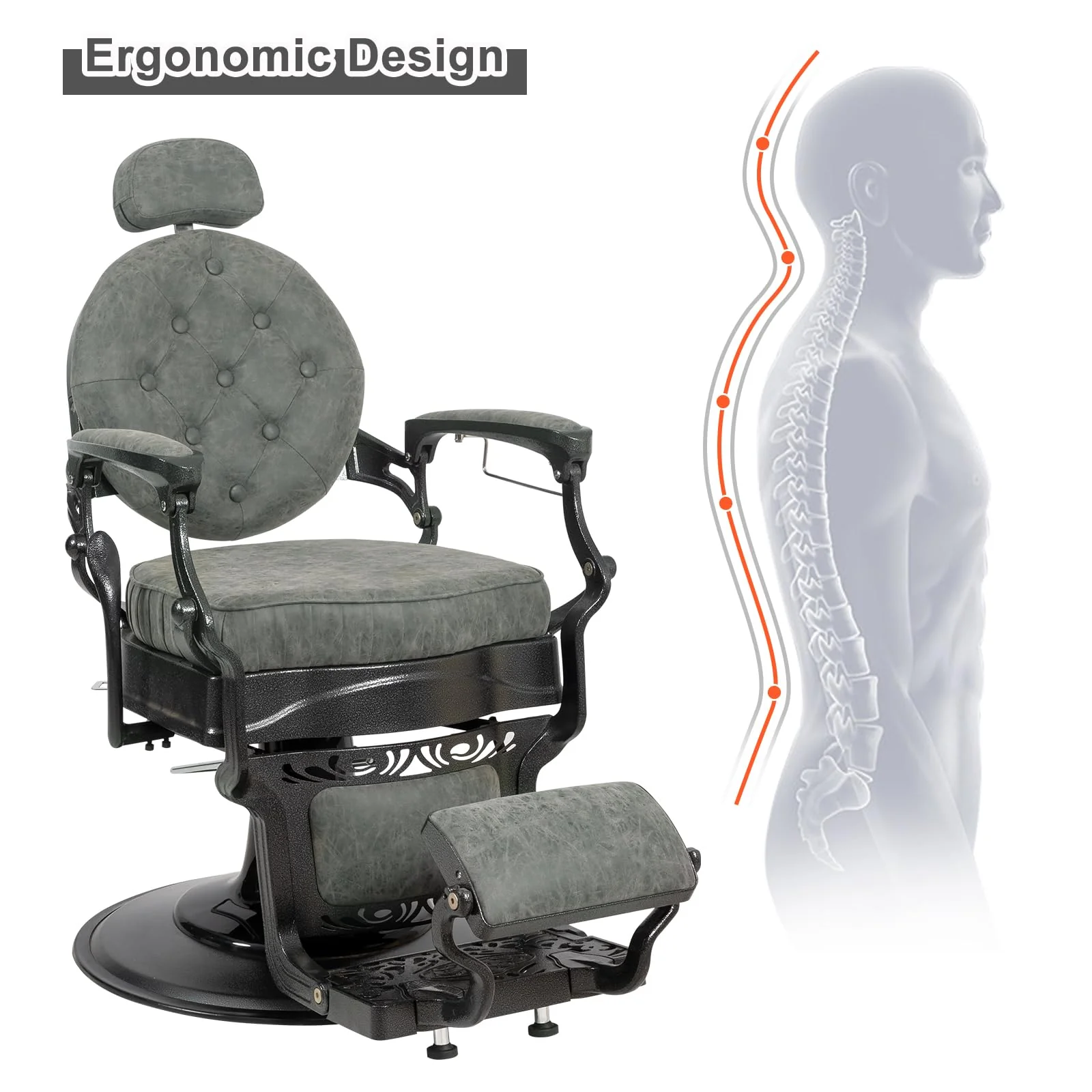 OmySalon PH697 Vintage Style Heavy Duty Hydraulic Recline Barber Chair - Image 4