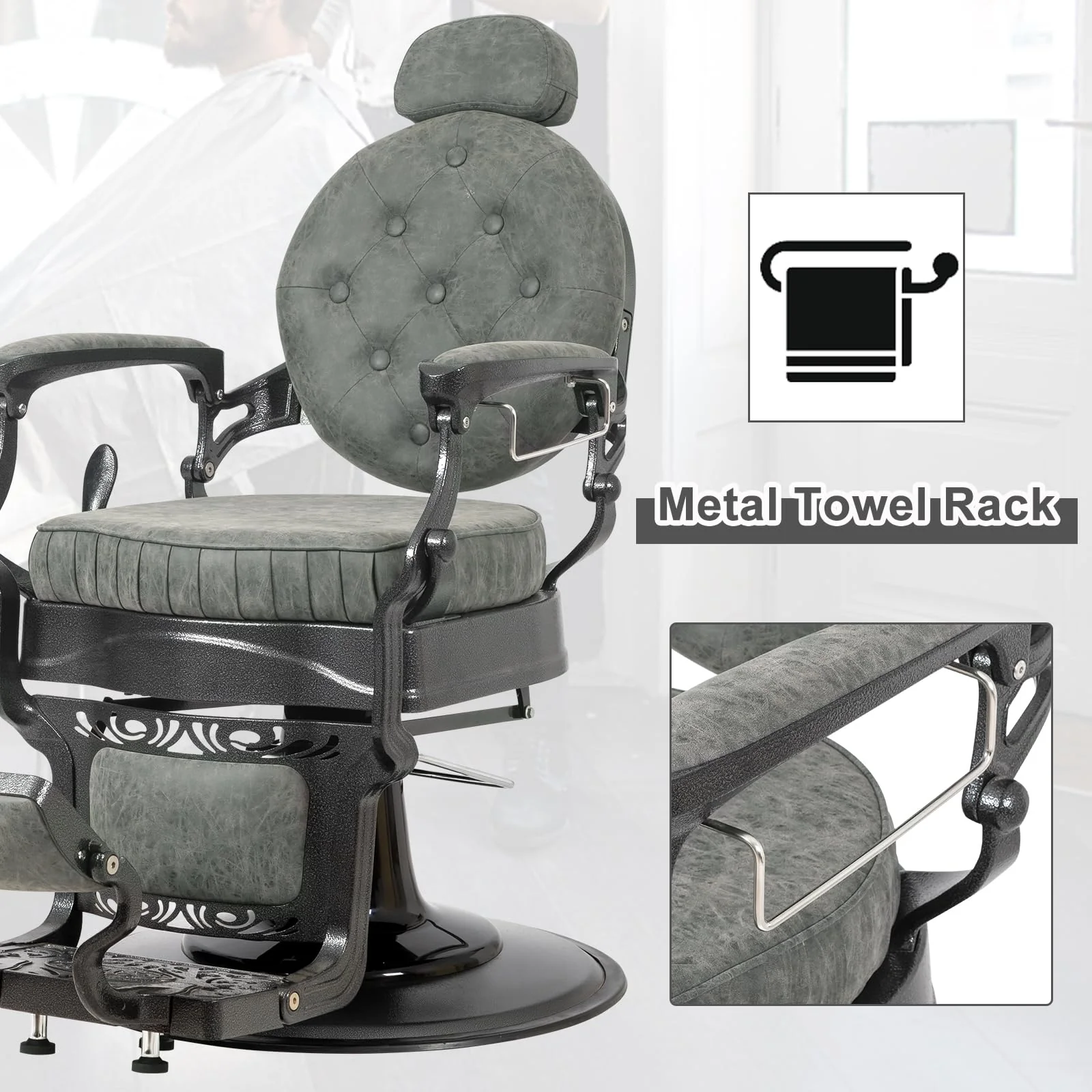 OmySalon PH697 Vintage Style Heavy Duty Hydraulic Recline Barber Chair - Image 5