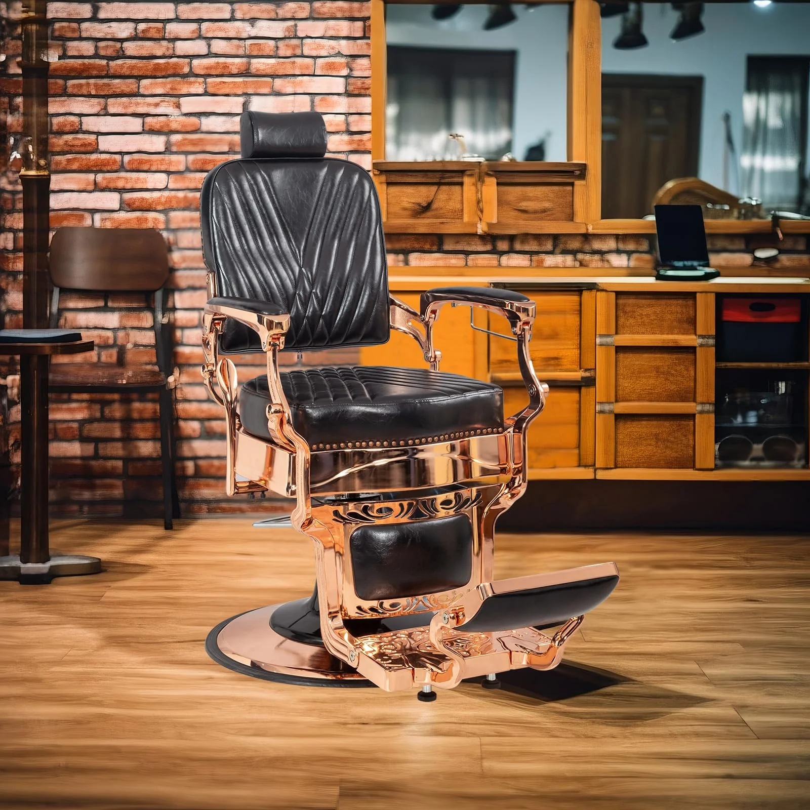 OmySalon PH699 Vintage Style Heavy Duty Hydraulic Recline Square Twill Backrest Barber Chair - Image 2