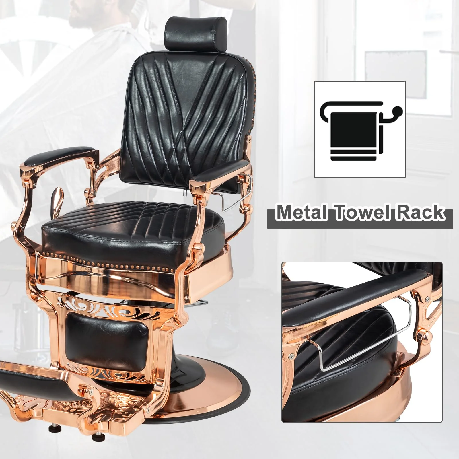 OmySalon PH699 Vintage Style Heavy Duty Hydraulic Recline Square Twill Backrest Barber Chair - Image 5