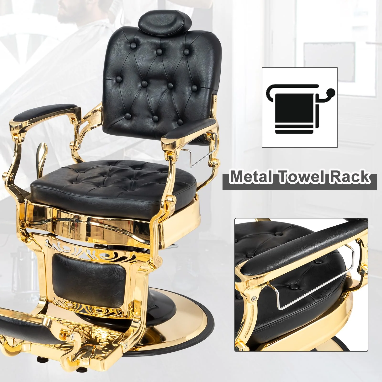 OmySalon PH705 Vintage Style Heavy Duty Hydraulic Recline Square Backrest Barber Chair - Image 6