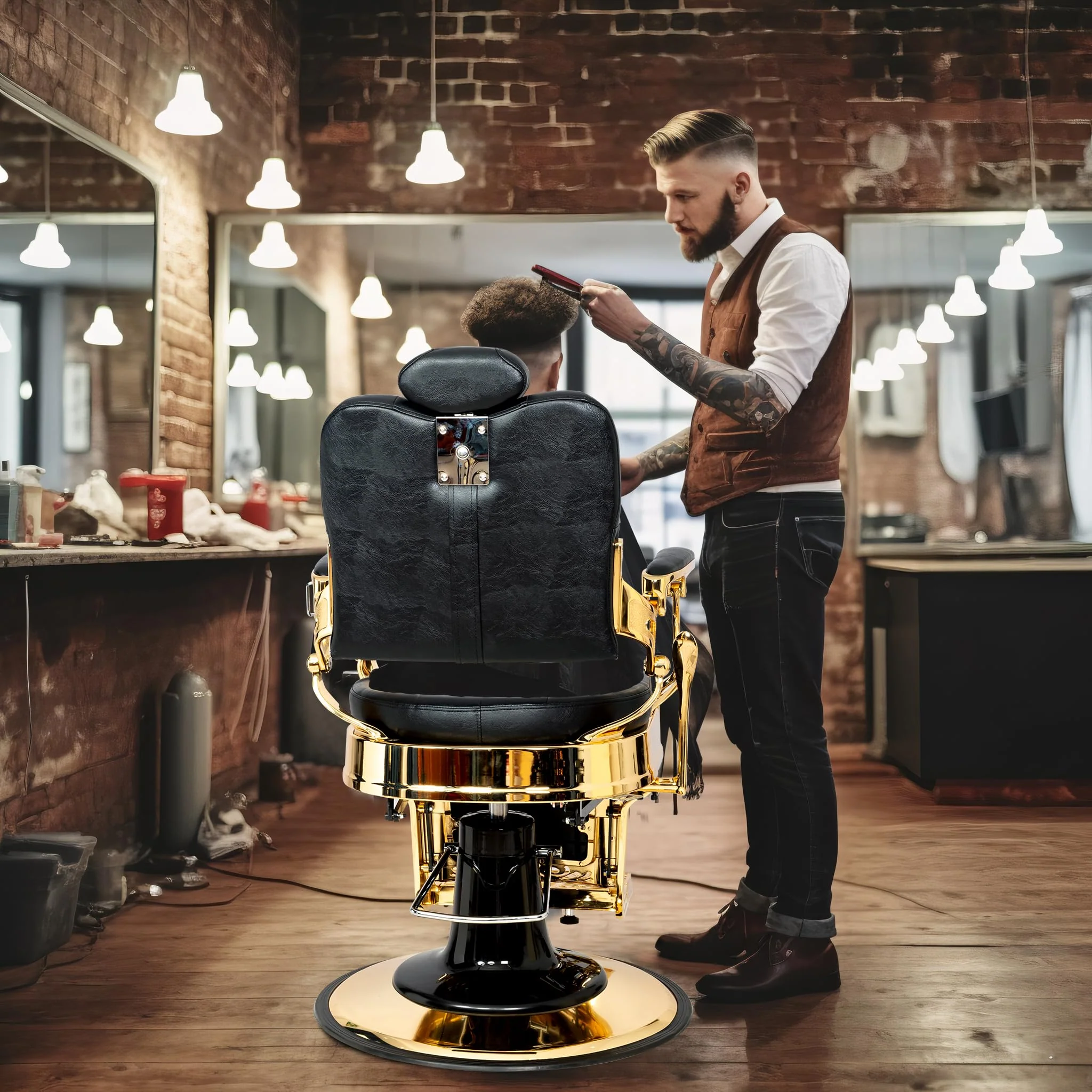 OmySalon PH705 Vintage Style Heavy Duty Hydraulic Recline Square Backrest Barber Chair - Image 9