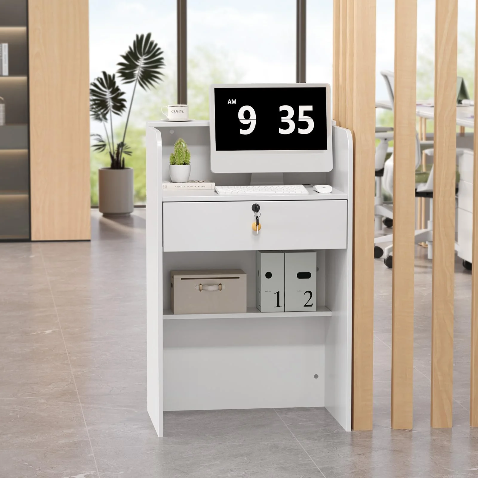 OmySalon RD Modern Wooden Reception Desk with Lockable Drawer and Legroom Rack - Image 10