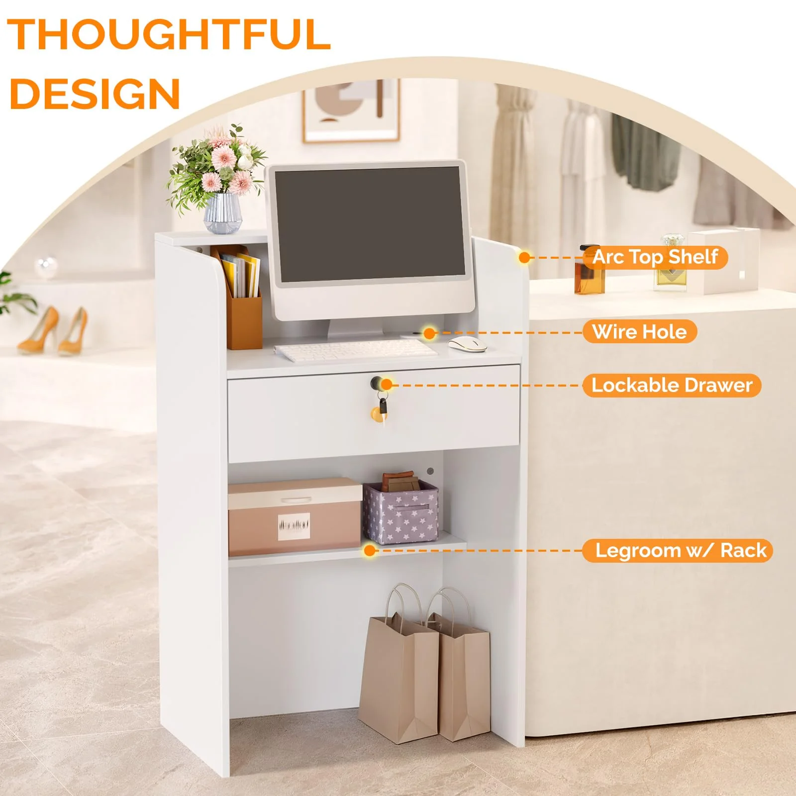OmySalon RD Modern Wooden Reception Desk with Lockable Drawer and Legroom Rack - Image 11