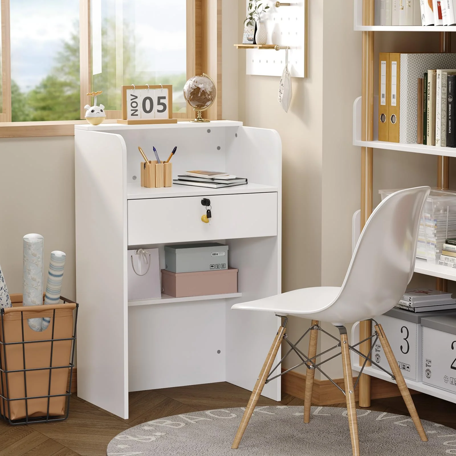 OmySalon RD Modern Wooden Reception Desk with Lockable Drawer and Legroom Rack - Image 15