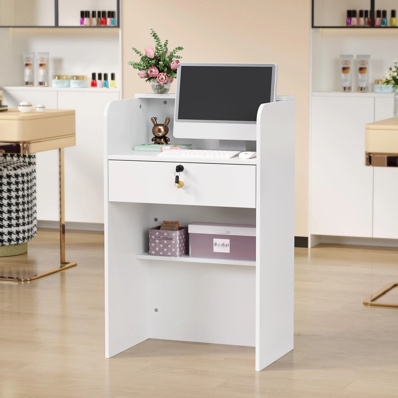 OmySalon RD Modern Wooden Reception Desk with Lockable Drawer and Legroom Rack - Image 16