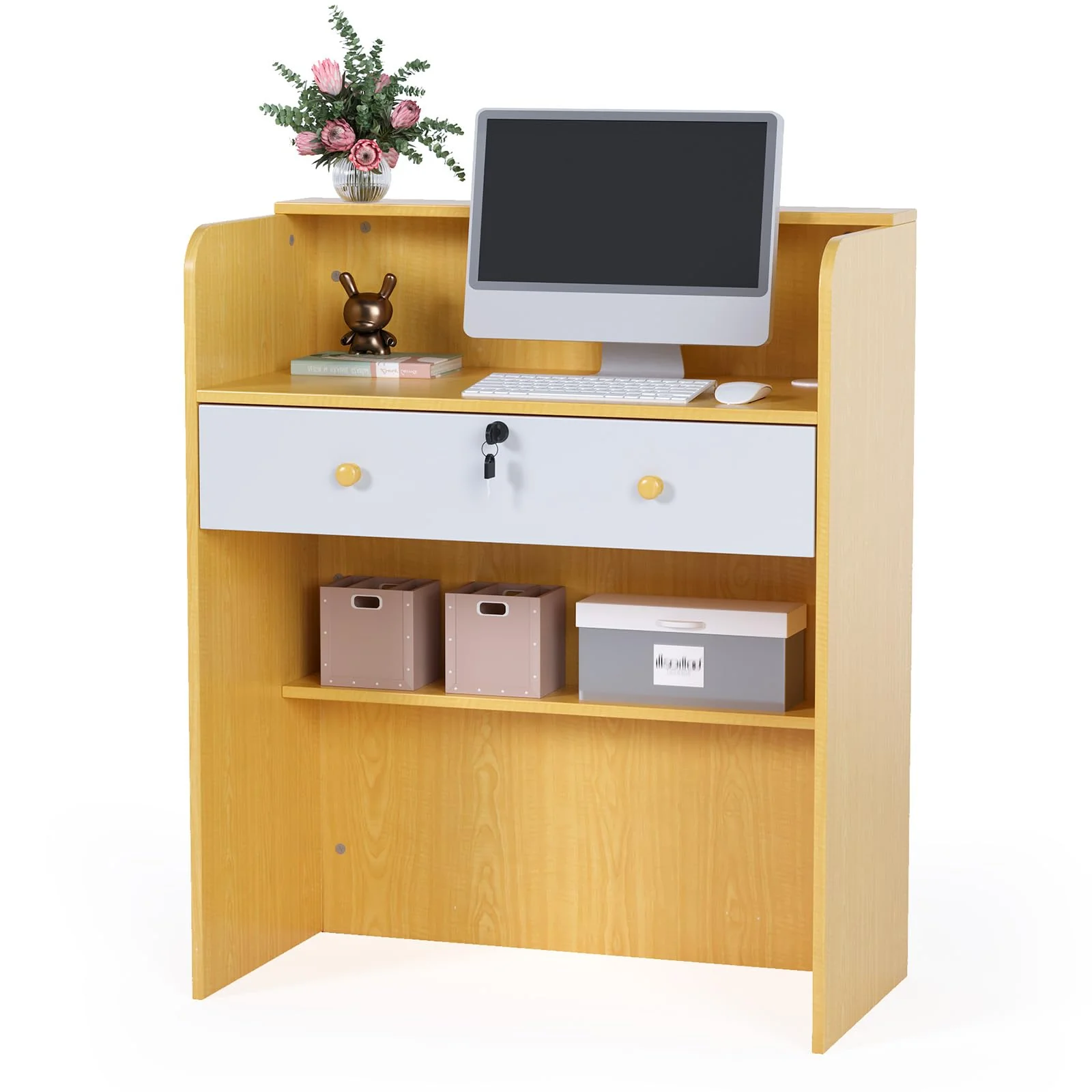 OmySalon RD Modern Wooden Reception Desk with Lockable Drawer and Legroom Rack - Image 17