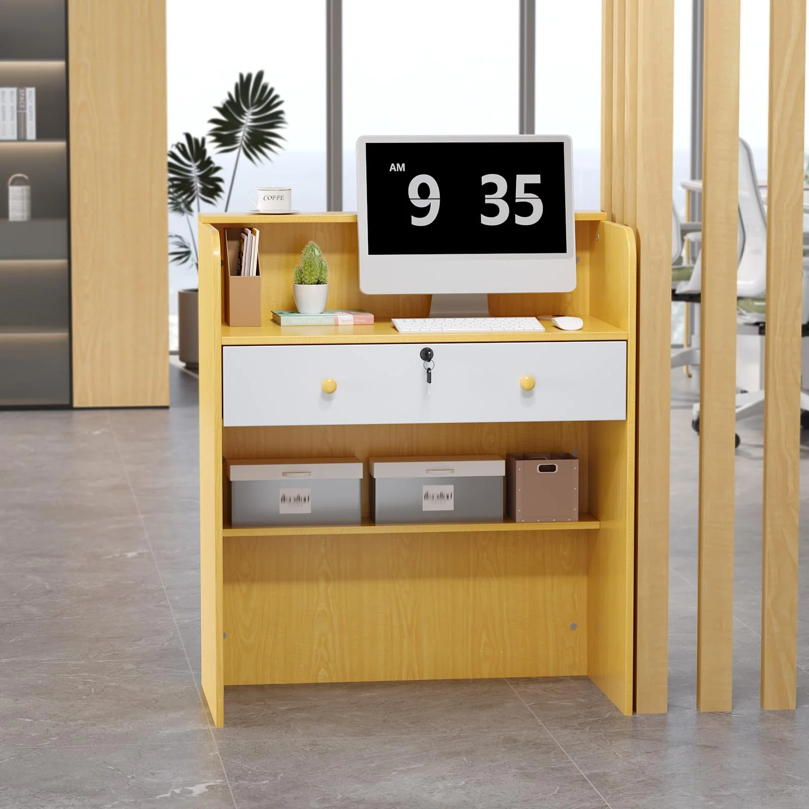 OmySalon RD Modern Wooden Reception Desk with Lockable Drawer and Legroom Rack - Image 18