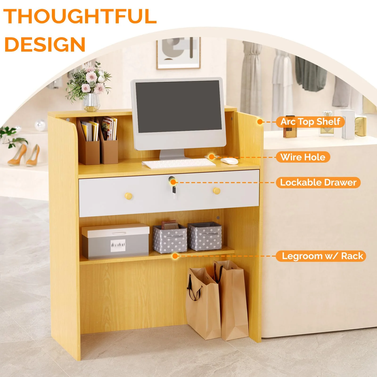 OmySalon RD Modern Wooden Reception Desk with Lockable Drawer and Legroom Rack - Image 19