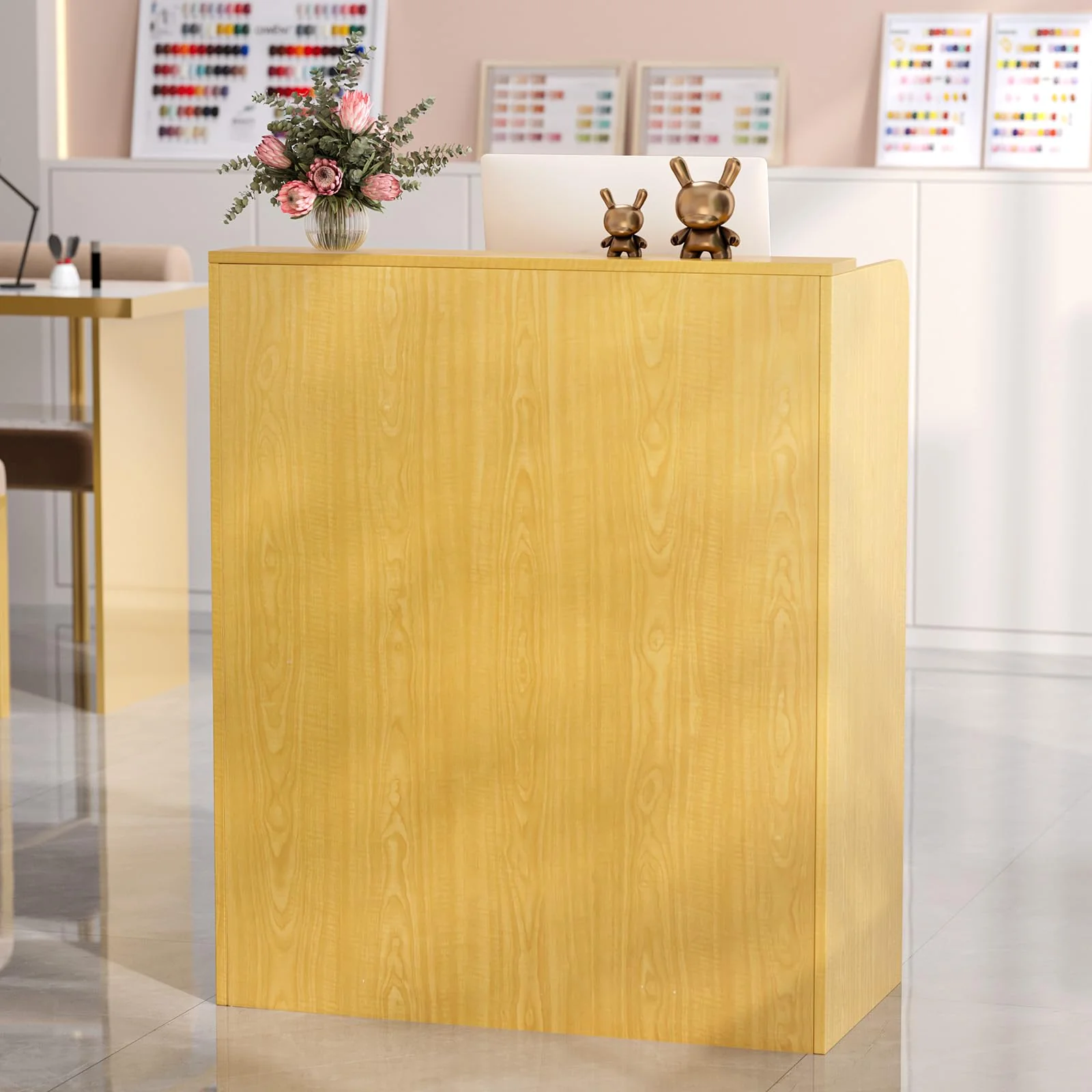 OmySalon RD Modern Wooden Reception Desk with Lockable Drawer and Legroom Rack - Image 21