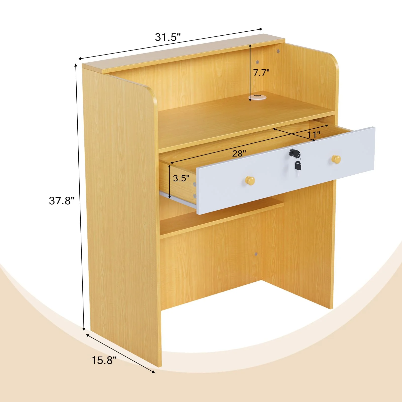 OmySalon RD Modern Wooden Reception Desk with Lockable Drawer and Legroom Rack - Image 22
