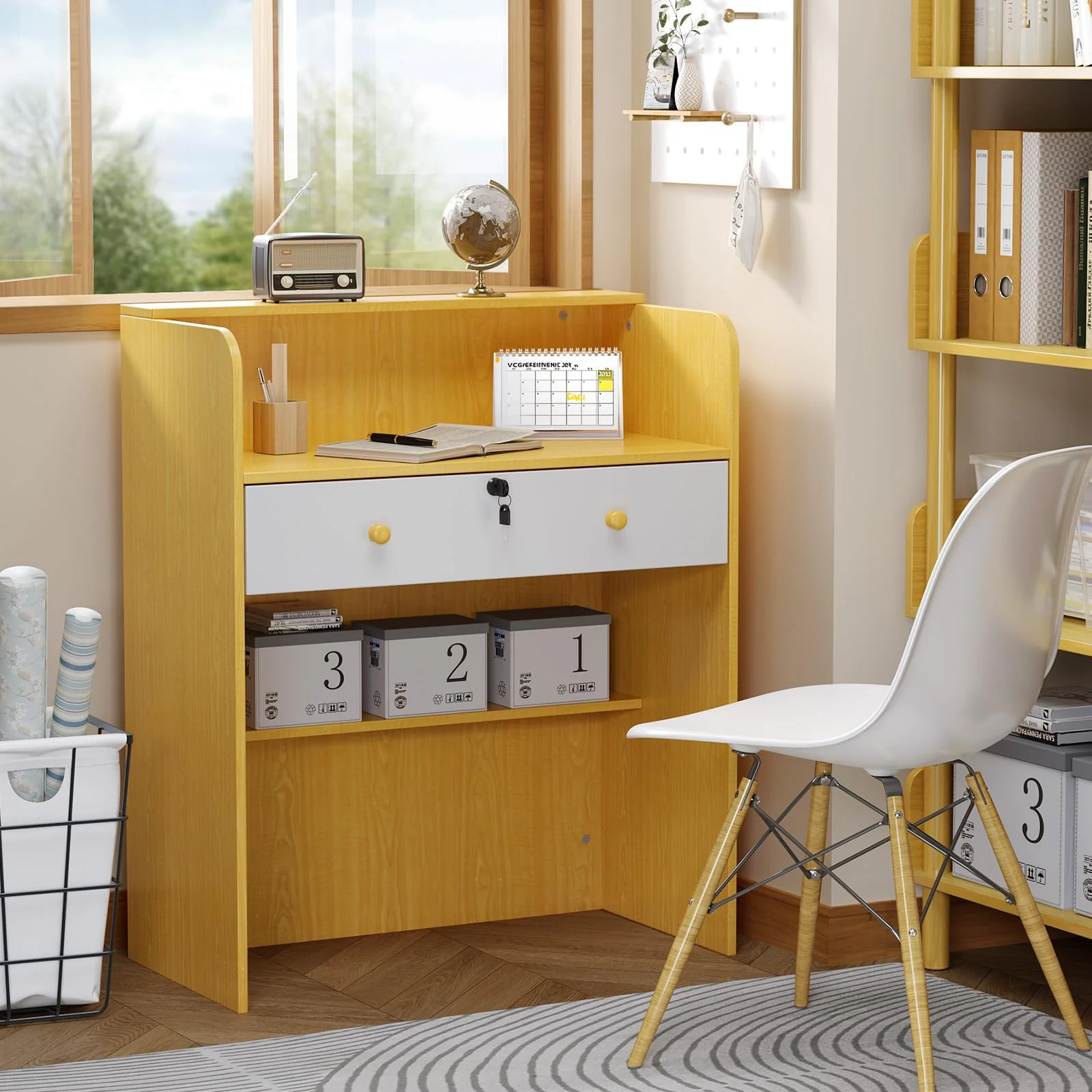OmySalon RD Modern Wooden Reception Desk with Lockable Drawer and Legroom Rack - Image 23