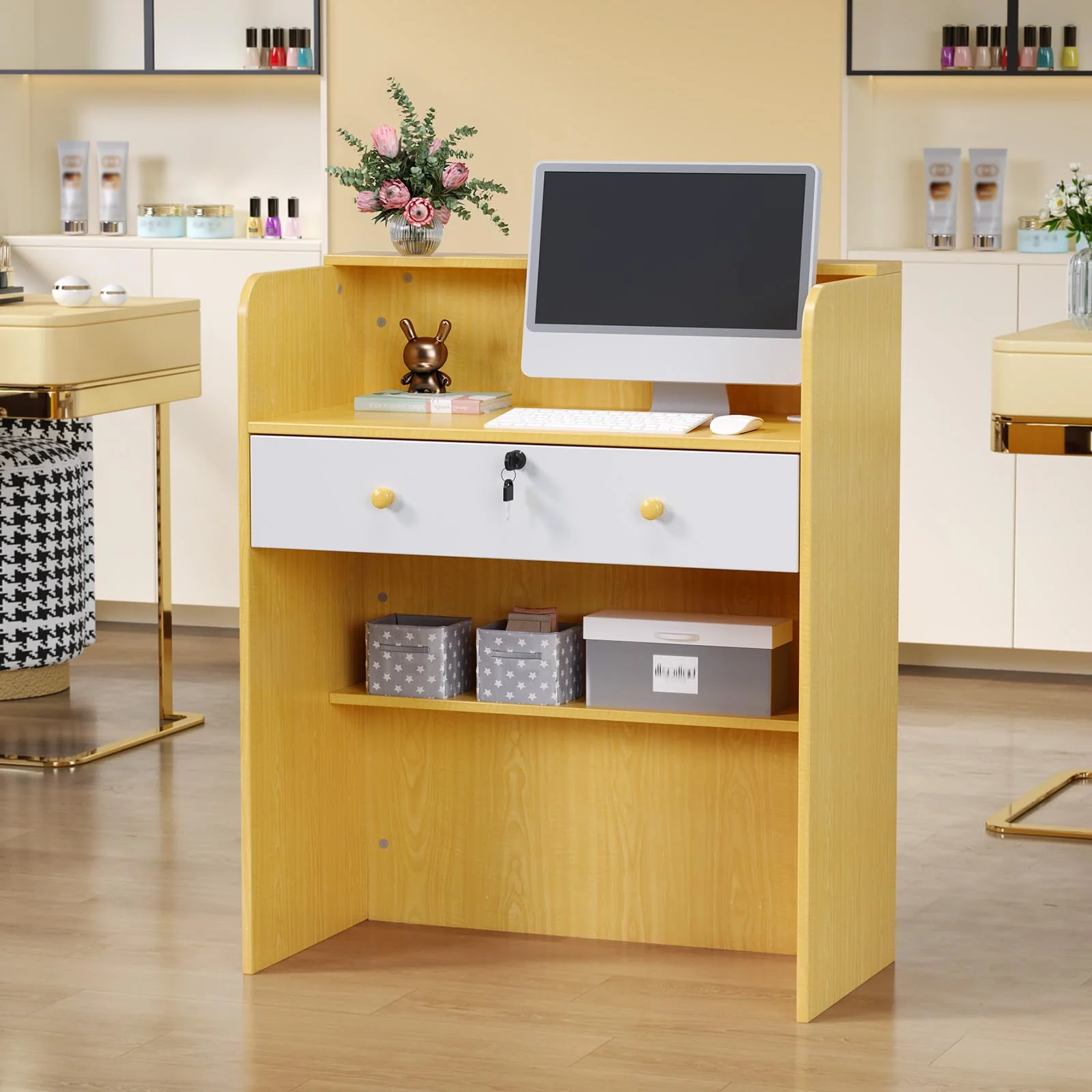 OmySalon RD Modern Wooden Reception Desk with Lockable Drawer and Legroom Rack - Image 24