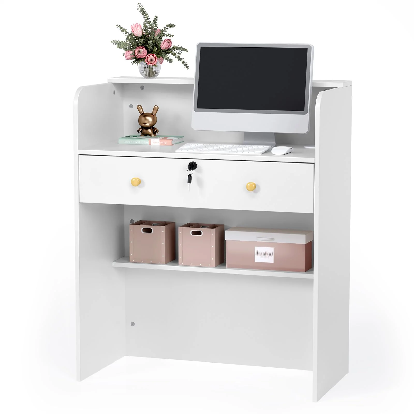 OmySalon RD Modern Wooden Reception Desk with Lockable Drawer and Legroom Rack - Image 25