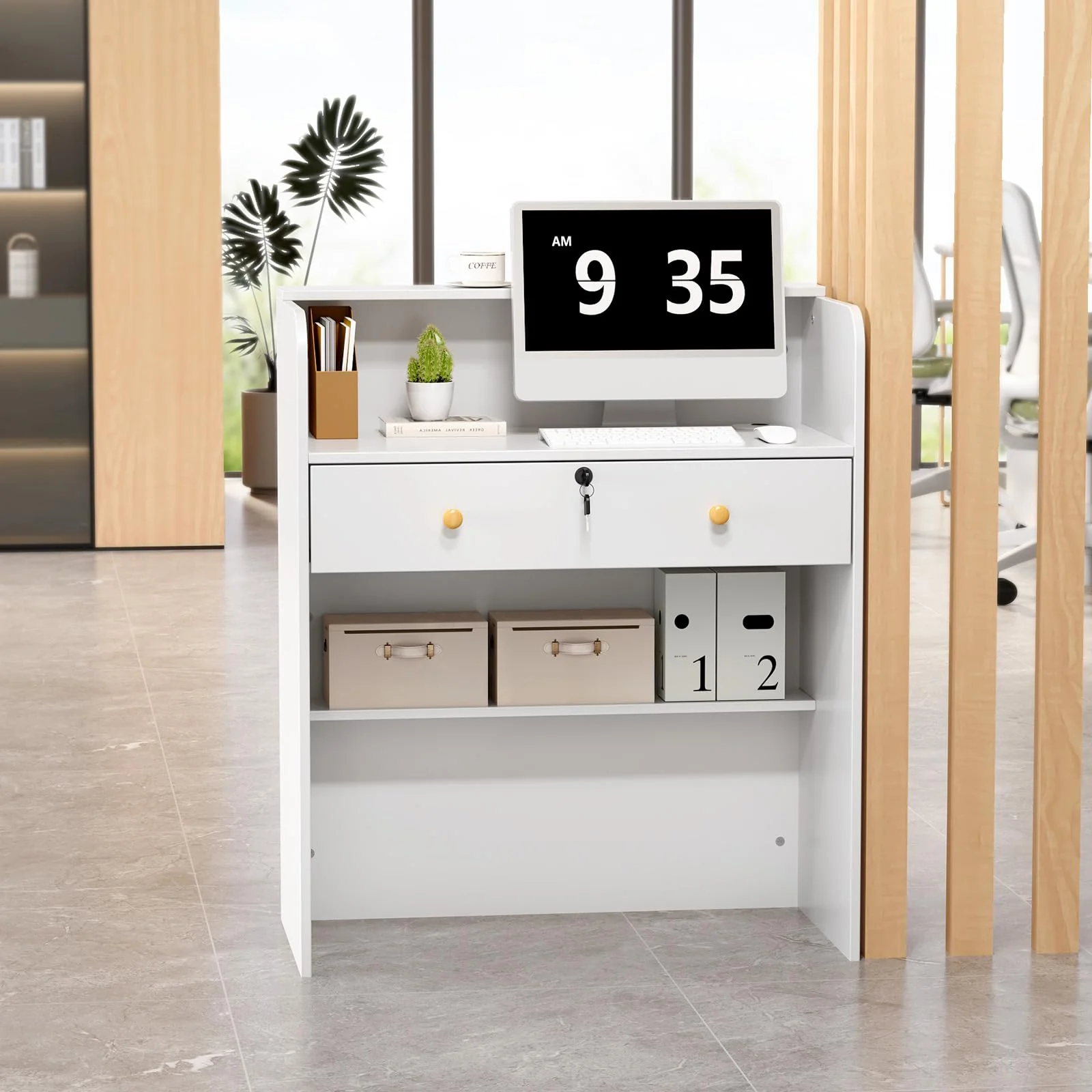 OmySalon RD Modern Wooden Reception Desk with Lockable Drawer and Legroom Rack - Image 26