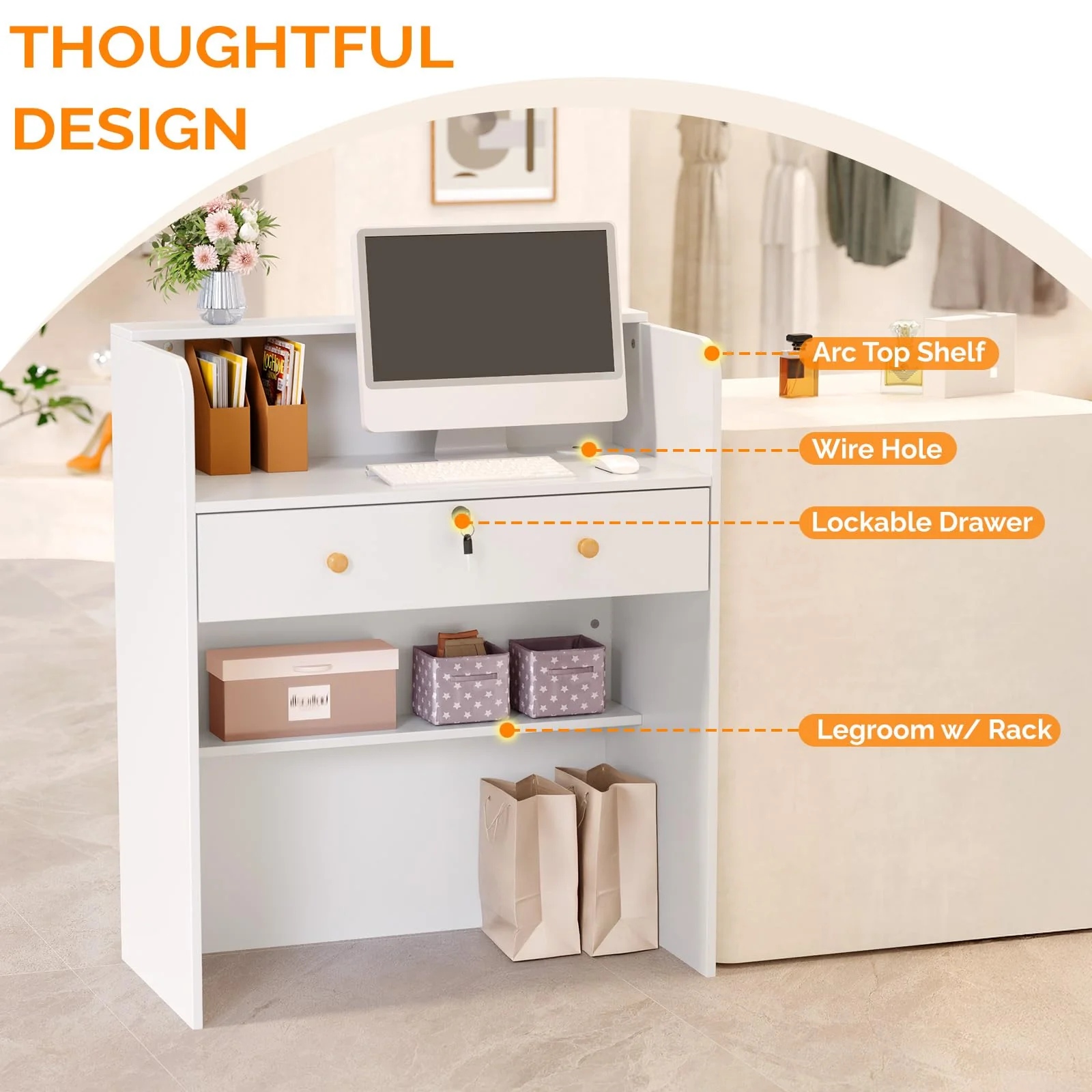 OmySalon RD Modern Wooden Reception Desk with Lockable Drawer and Legroom Rack - Image 27