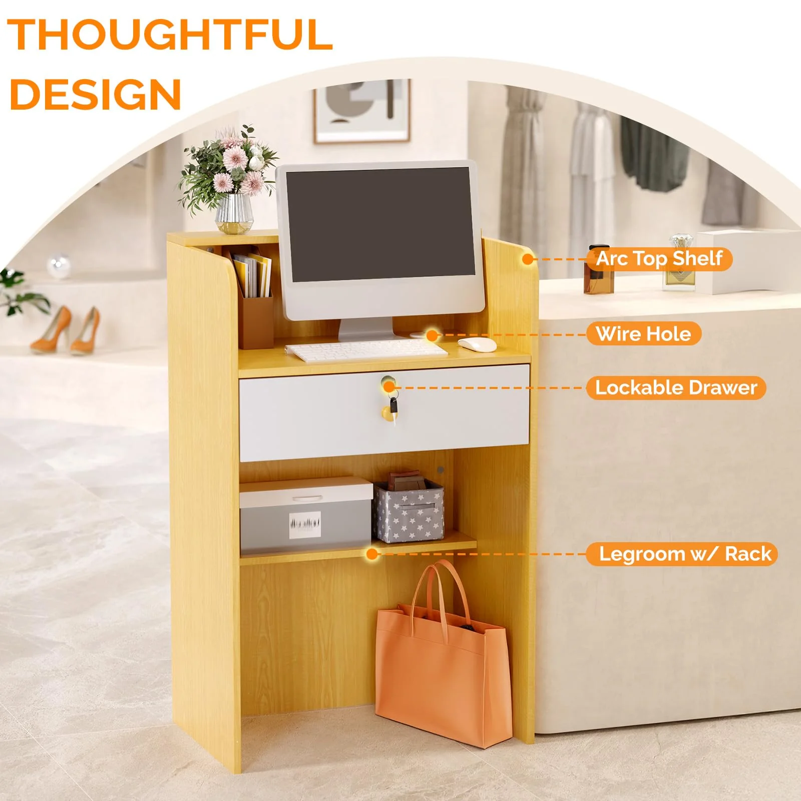 OmySalon RD Modern Wooden Reception Desk with Lockable Drawer and Legroom Rack - Image 3