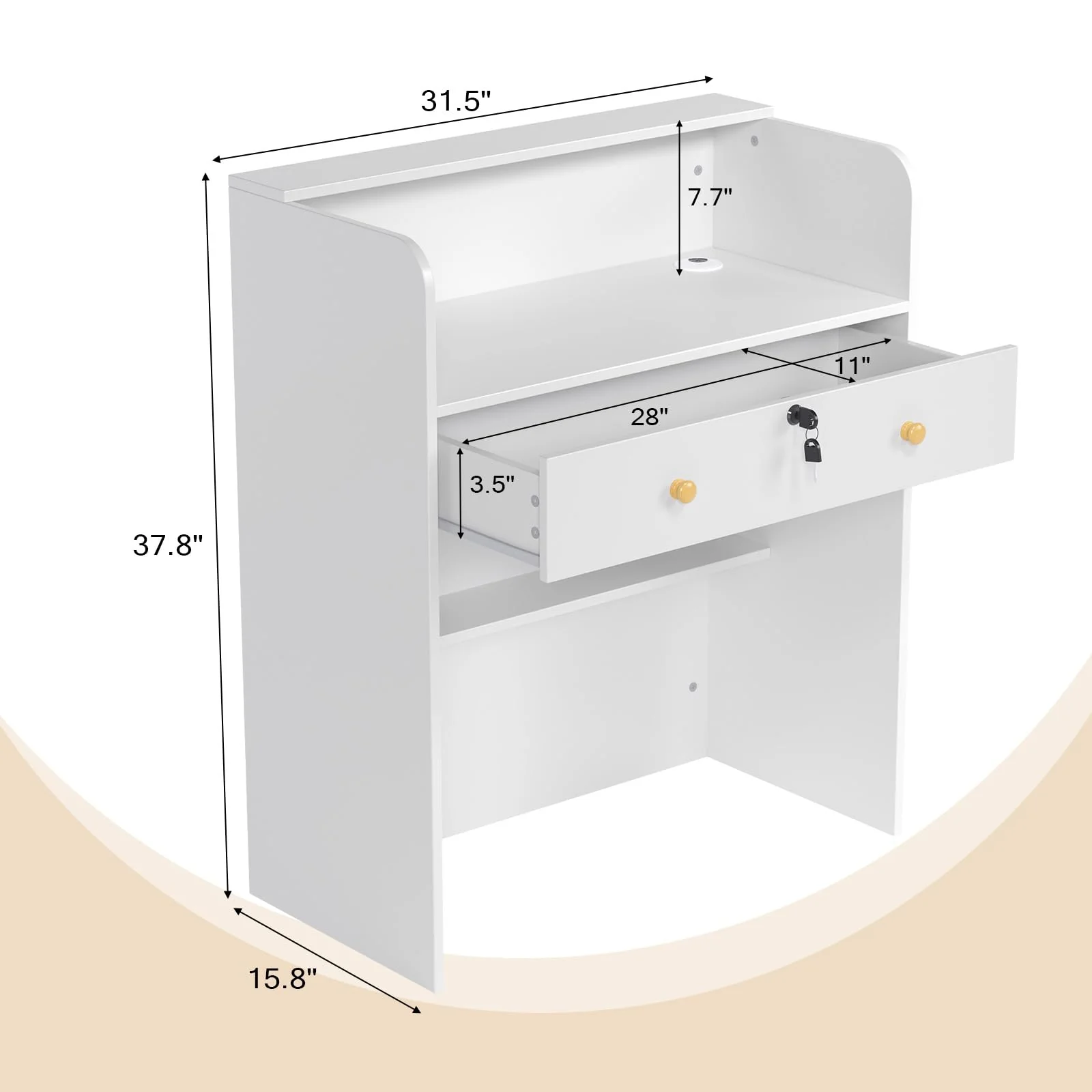 OmySalon RD Modern Wooden Reception Desk with Lockable Drawer and Legroom Rack - Image 30