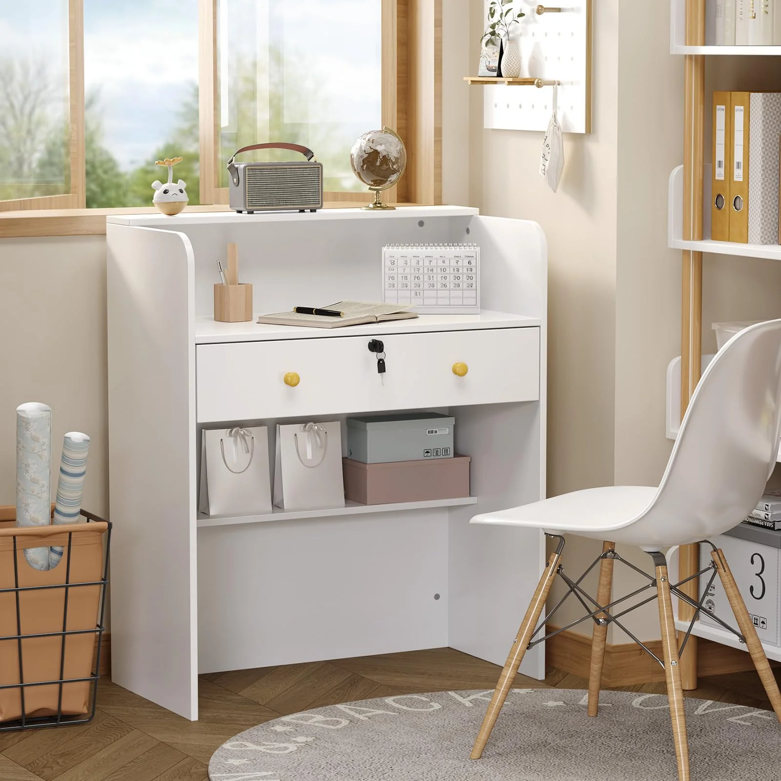 OmySalon RD Modern Wooden Reception Desk with Lockable Drawer and Legroom Rack - Image 31