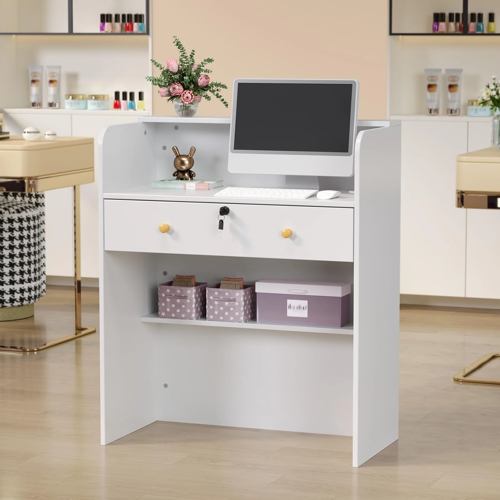 OmySalon RD Modern Wooden Reception Desk with Lockable Drawer and Legroom Rack - Image 32