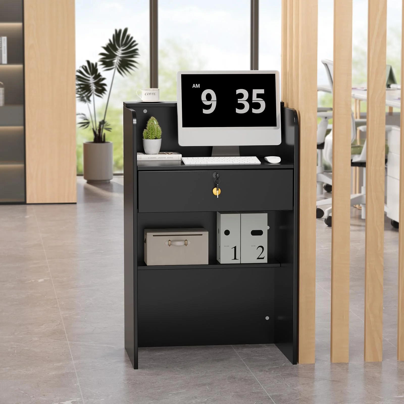 OmySalon RD Modern Wooden Reception Desk with Lockable Drawer and Legroom Rack - Image 34