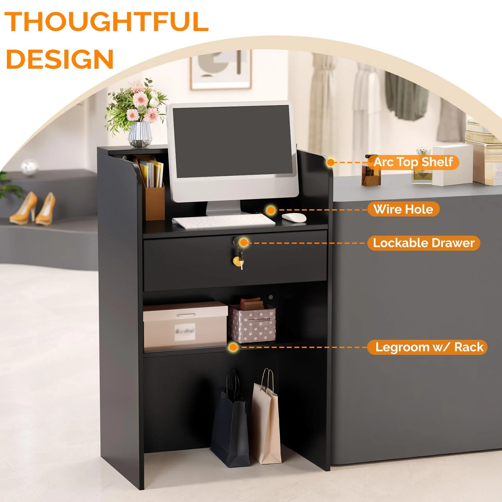 OmySalon RD Modern Wooden Reception Desk with Lockable Drawer and Legroom Rack - Image 35