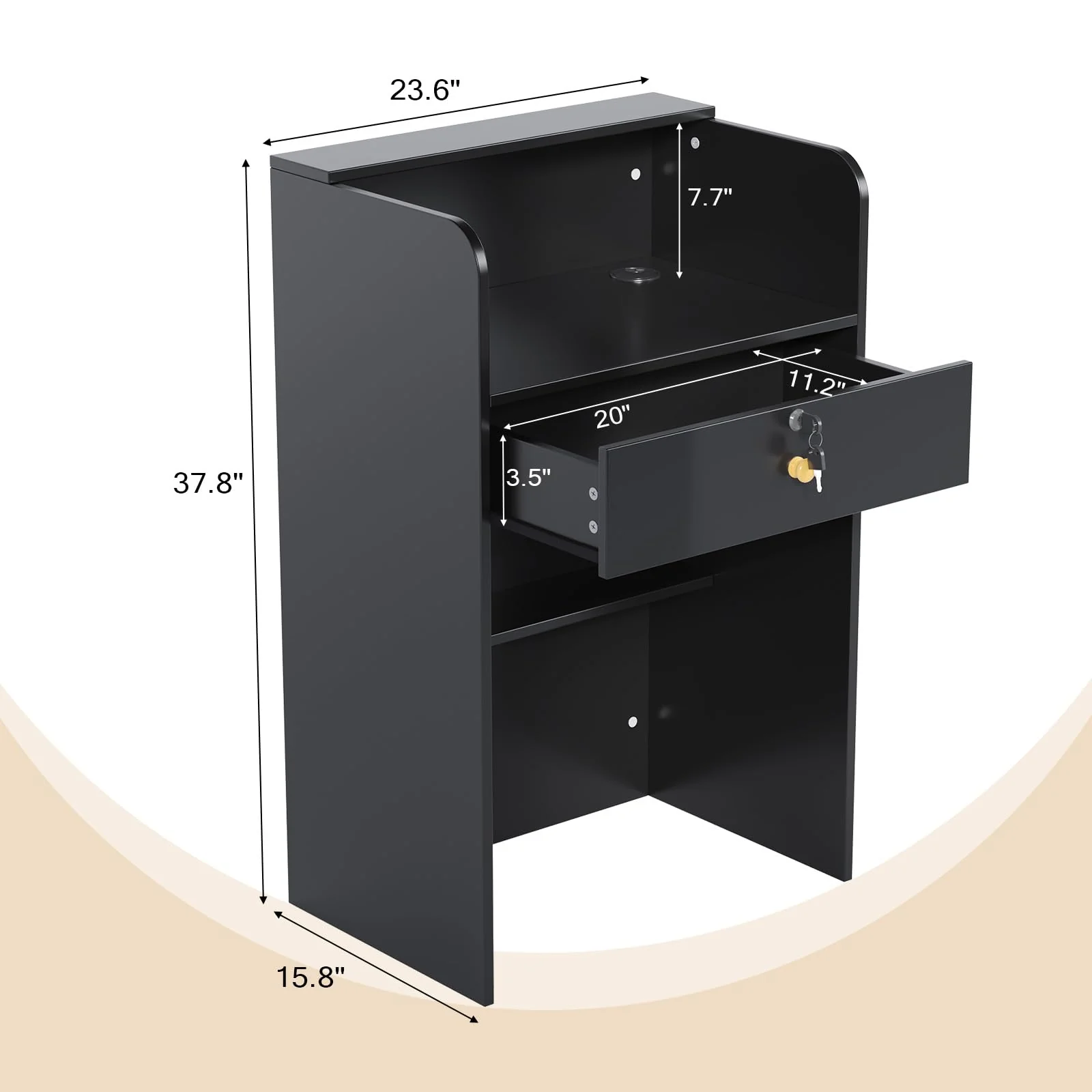 OmySalon RD Modern Wooden Reception Desk with Lockable Drawer and Legroom Rack - Image 38