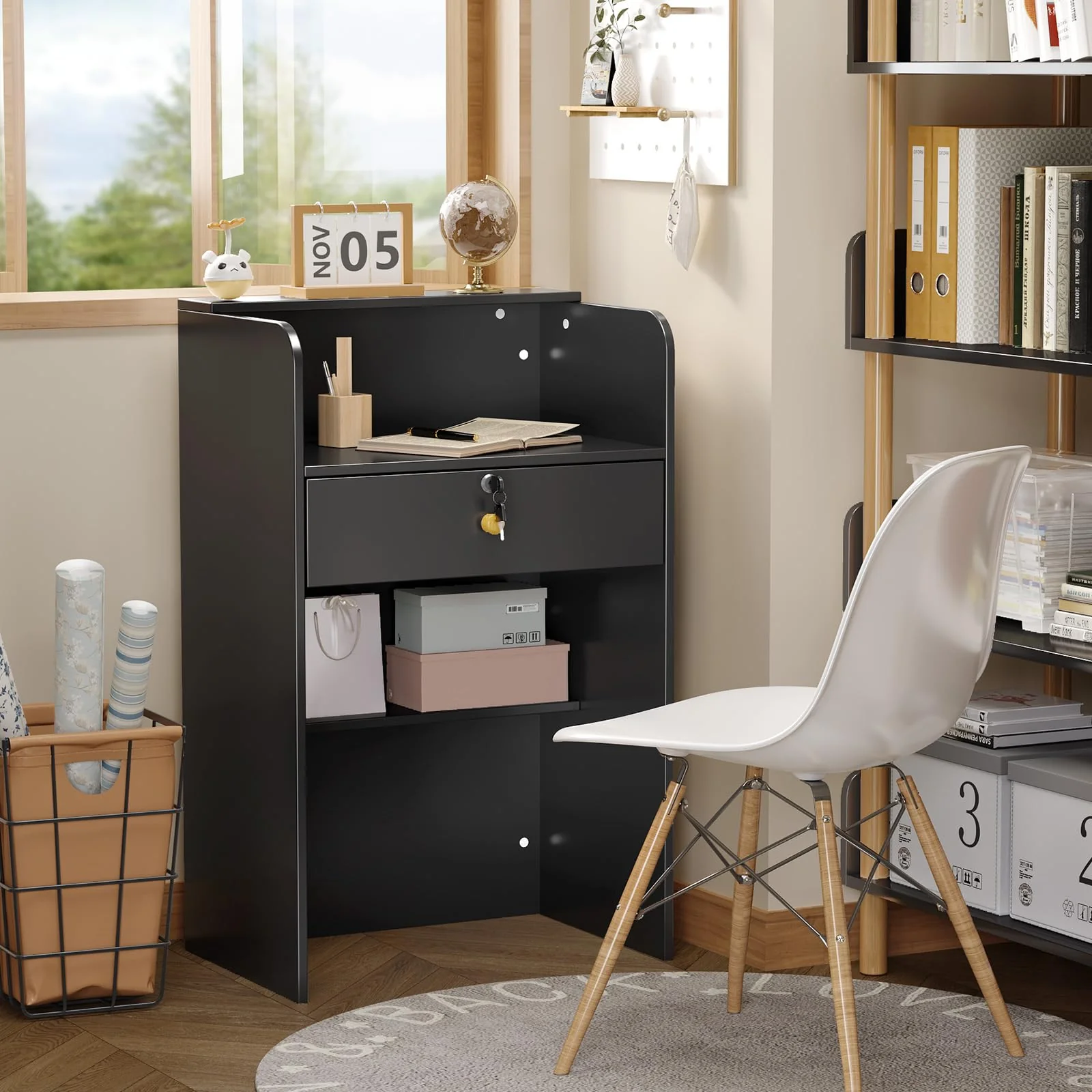 OmySalon RD Modern Wooden Reception Desk with Lockable Drawer and Legroom Rack - Image 39