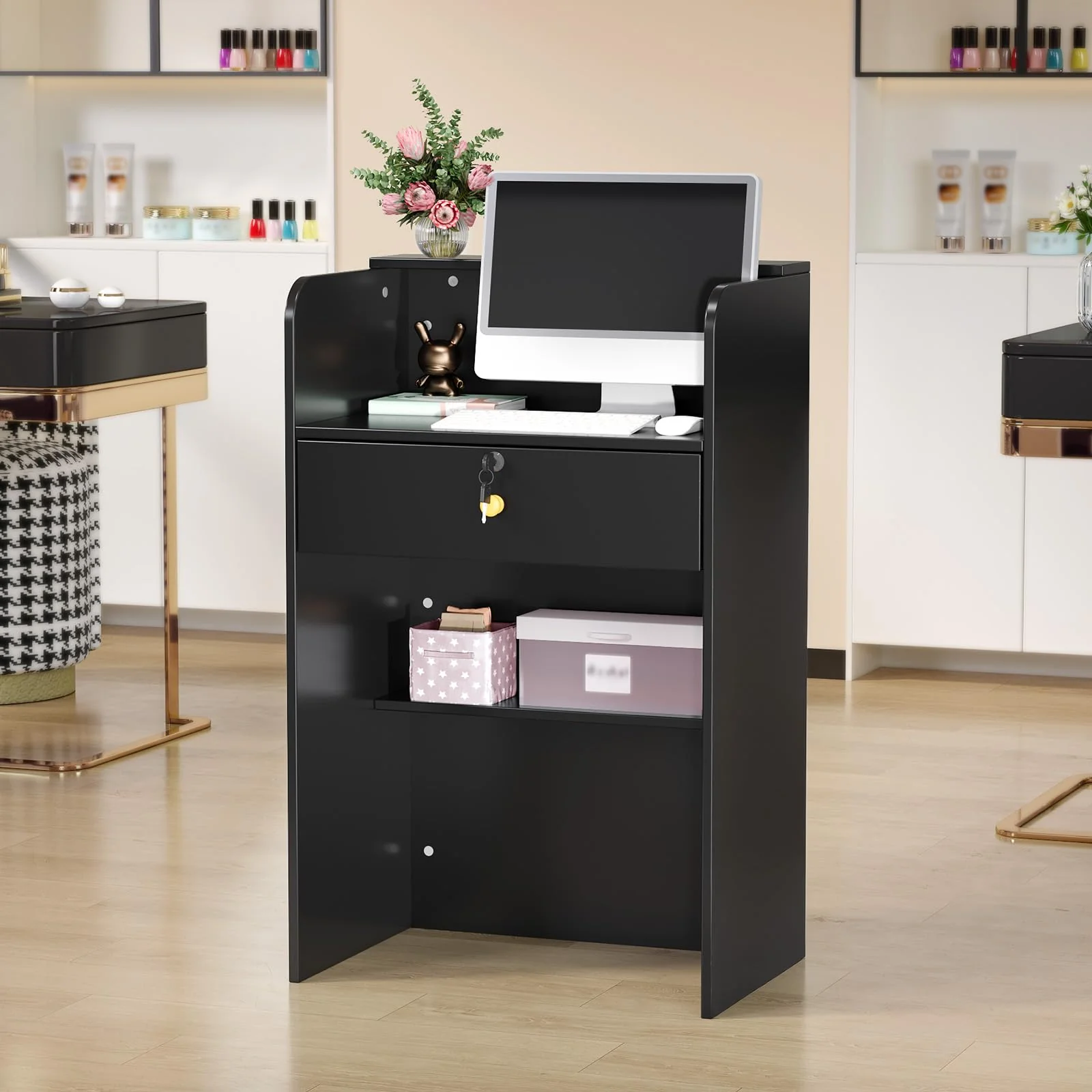 OmySalon RD Modern Wooden Reception Desk with Lockable Drawer and Legroom Rack - Image 40