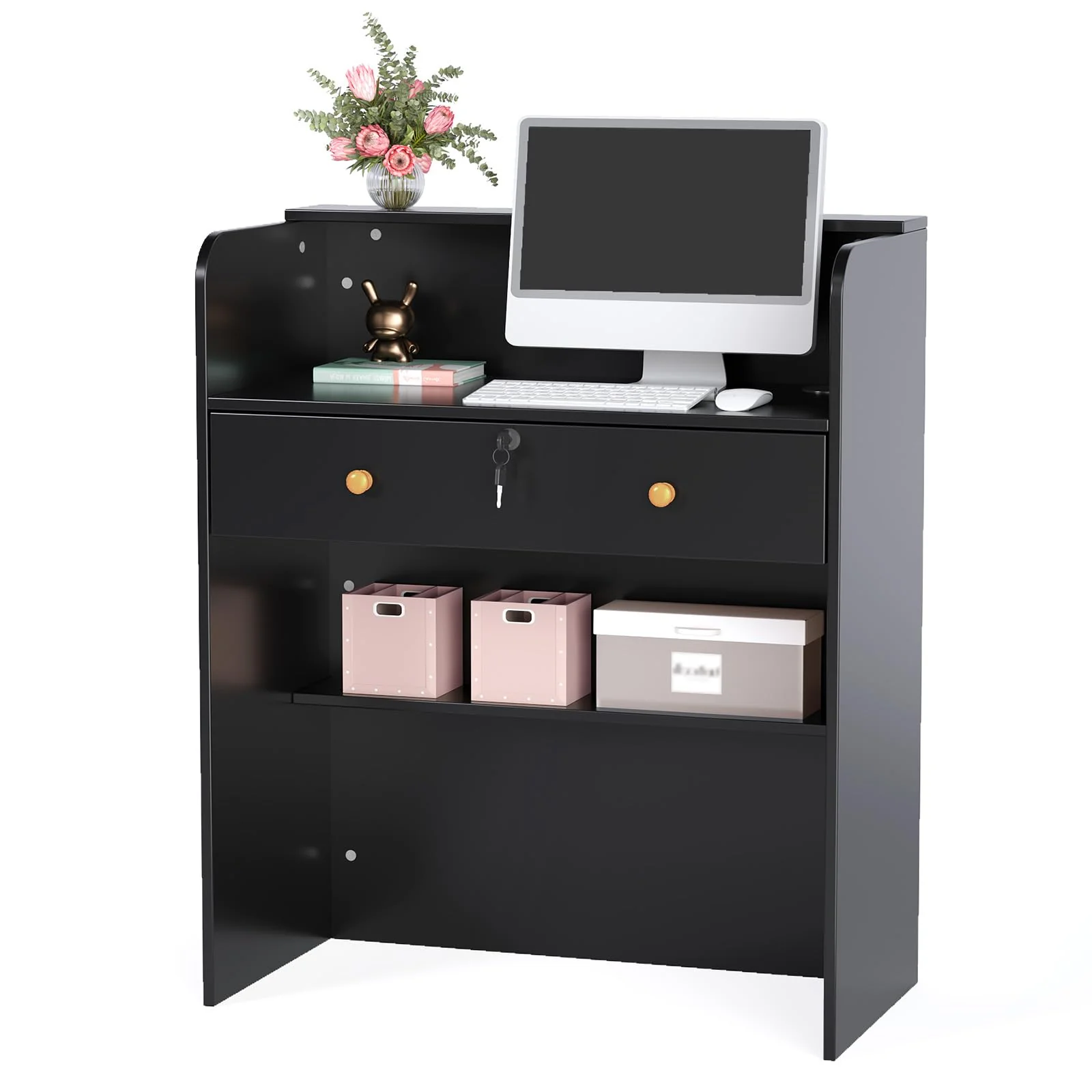 OmySalon RD Modern Wooden Reception Desk with Lockable Drawer and Legroom Rack - Image 41