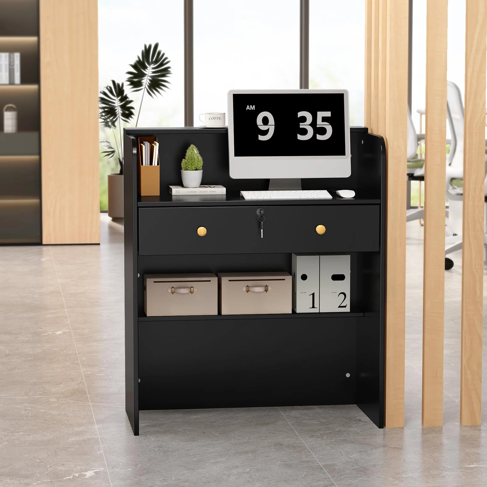 OmySalon RD Modern Wooden Reception Desk with Lockable Drawer and Legroom Rack - Image 42