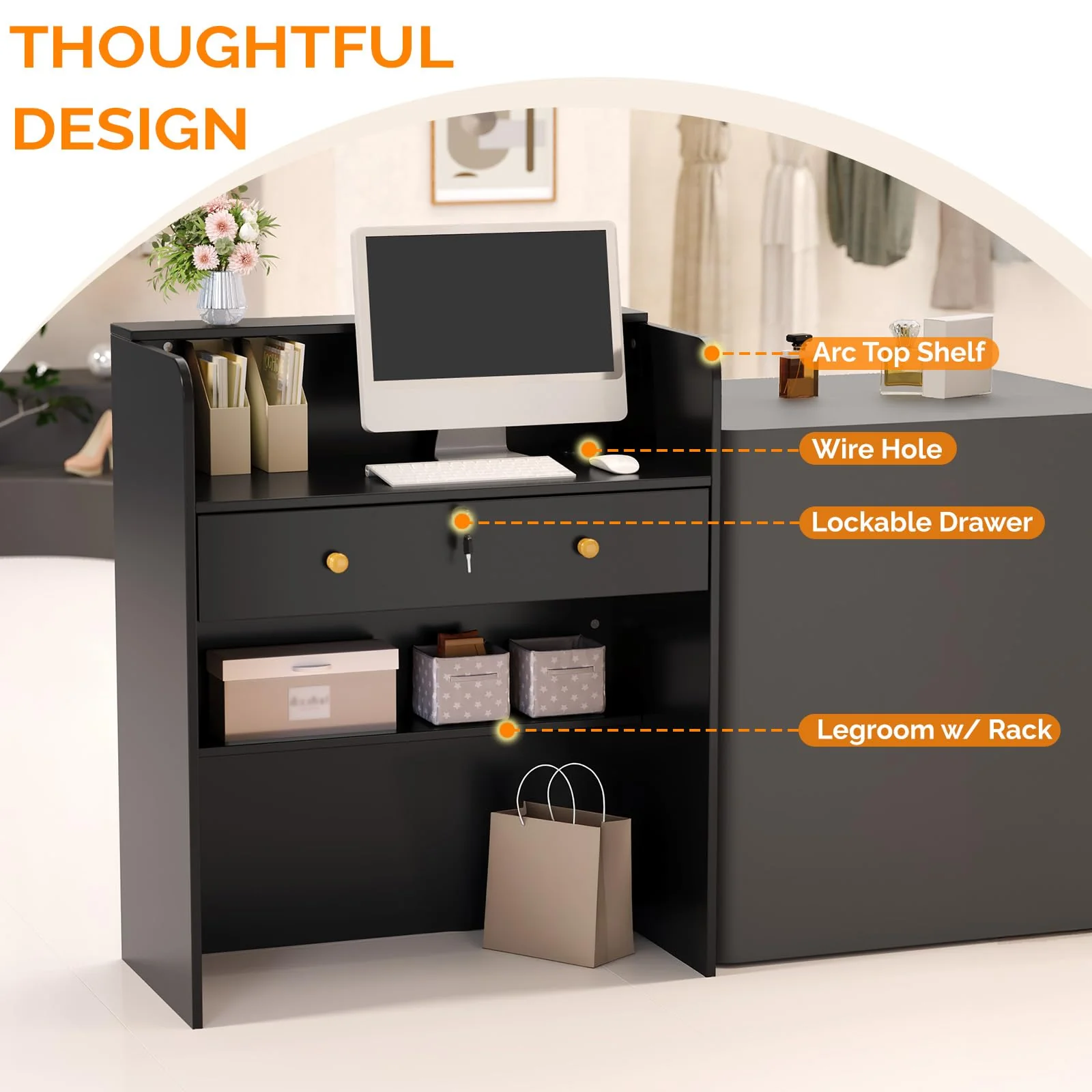 OmySalon RD Modern Wooden Reception Desk with Lockable Drawer and Legroom Rack - Image 43
