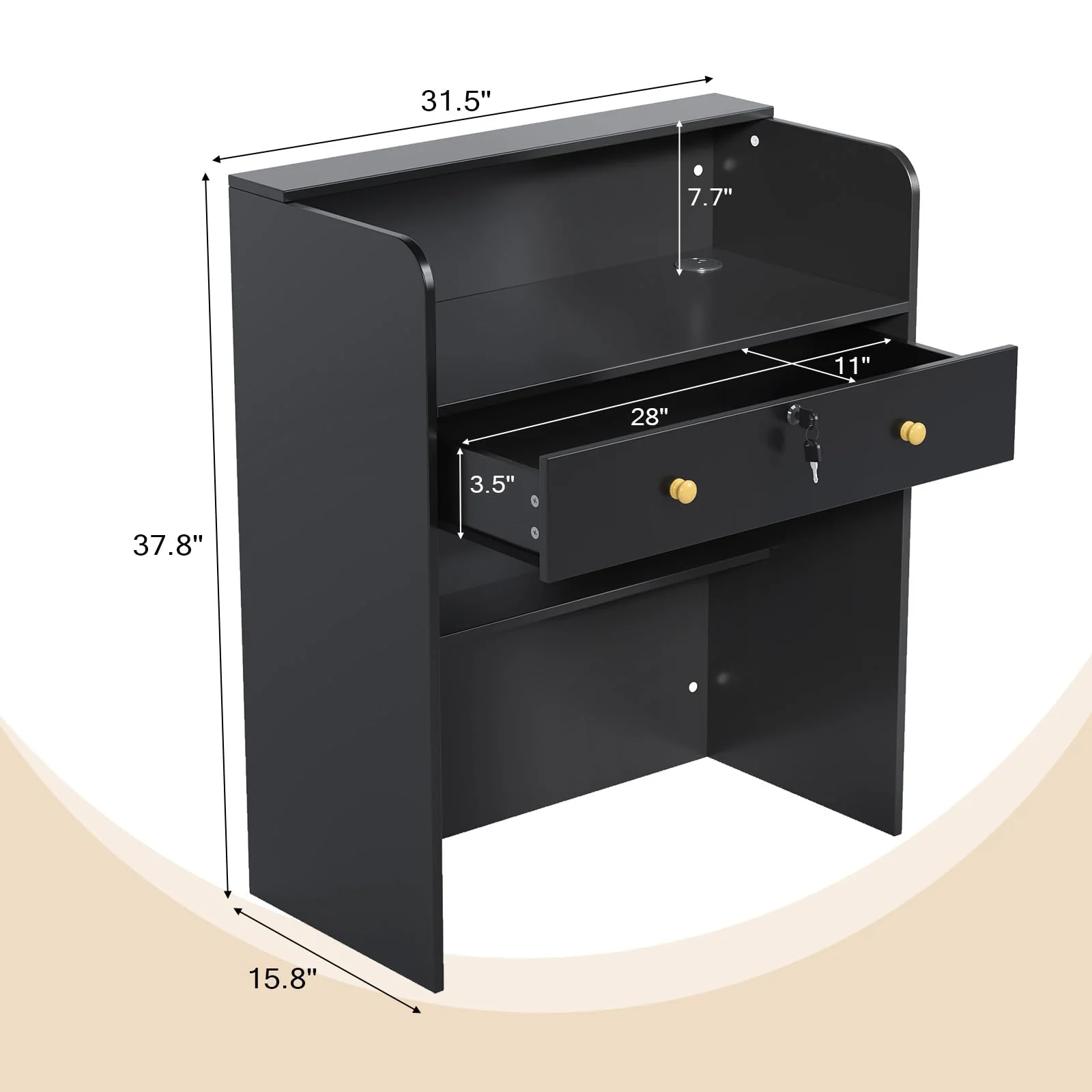 OmySalon RD Modern Wooden Reception Desk with Lockable Drawer and Legroom Rack - Image 46