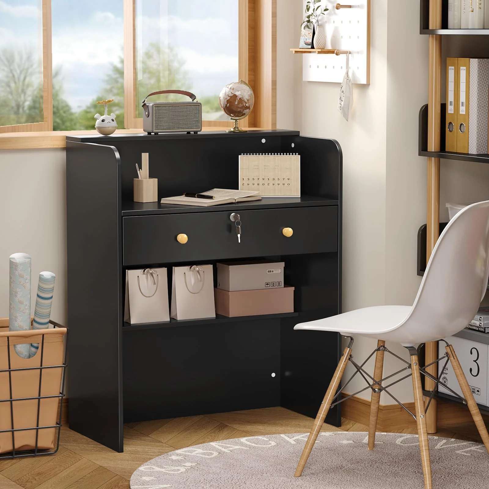 OmySalon RD Modern Wooden Reception Desk with Lockable Drawer and Legroom Rack - Image 47