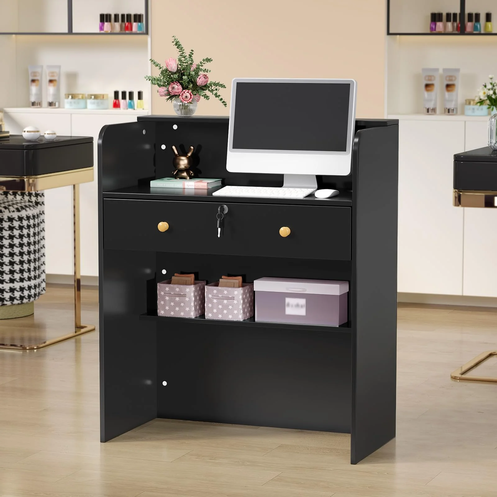 OmySalon RD Modern Wooden Reception Desk with Lockable Drawer and Legroom Rack - Image 48