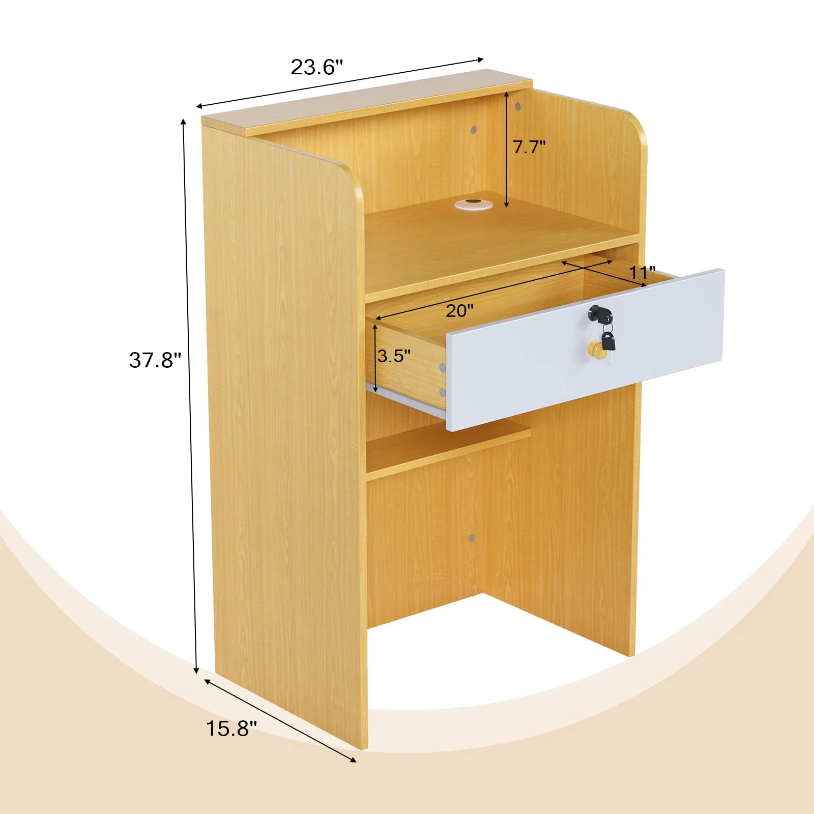 OmySalon RD Modern Wooden Reception Desk with Lockable Drawer and Legroom Rack - Image 6