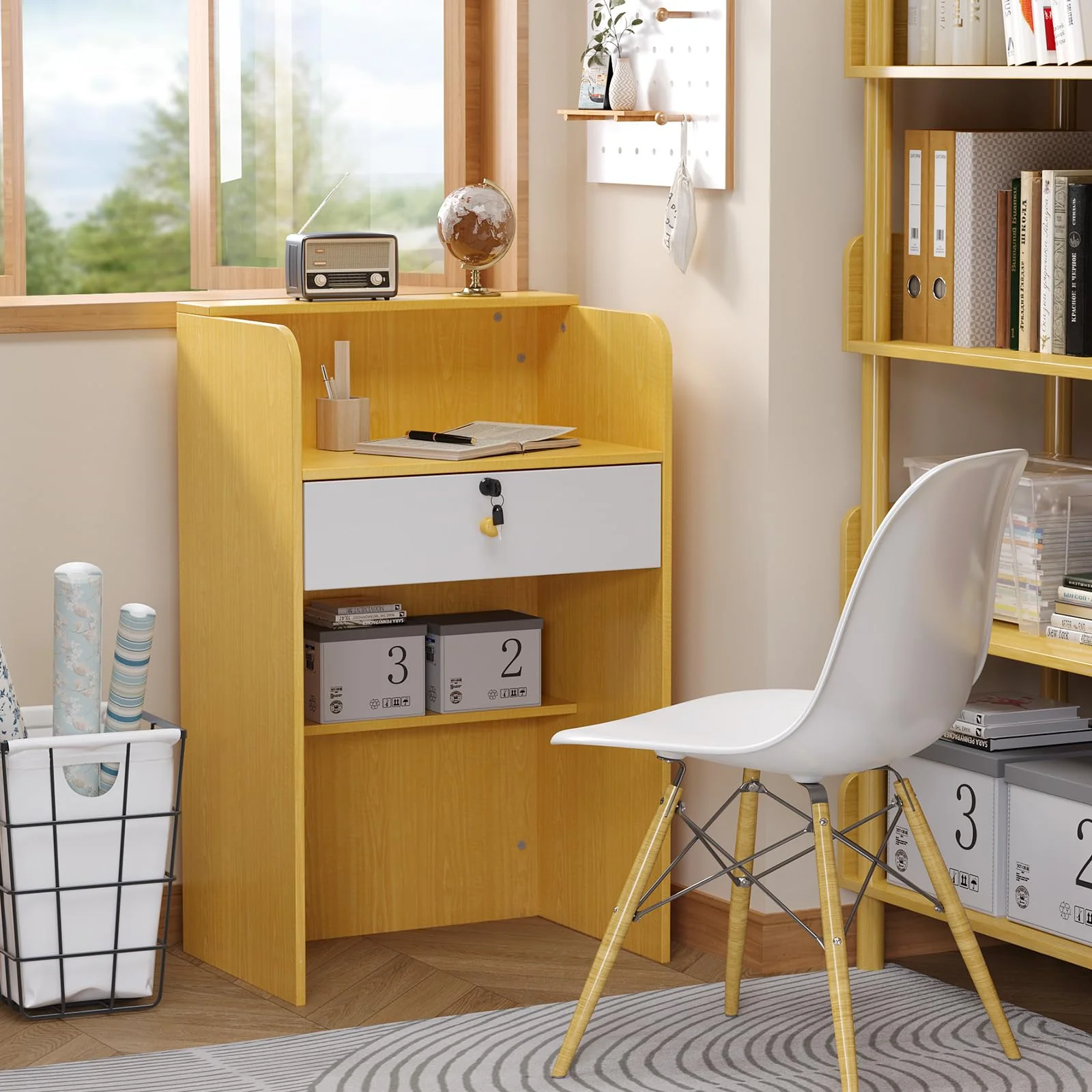 OmySalon RD Modern Wooden Reception Desk with Lockable Drawer and Legroom Rack - Image 7
