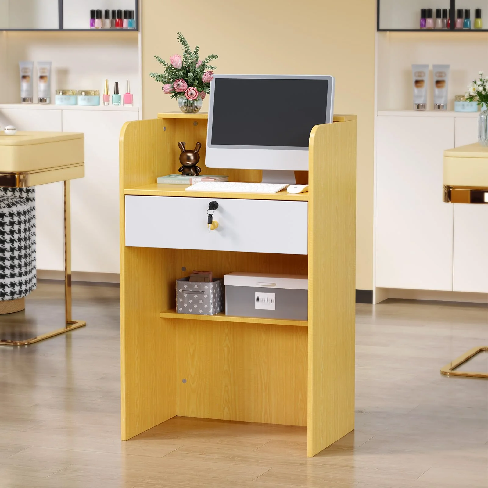 OmySalon RD Modern Wooden Reception Desk with Lockable Drawer and Legroom Rack - Image 8