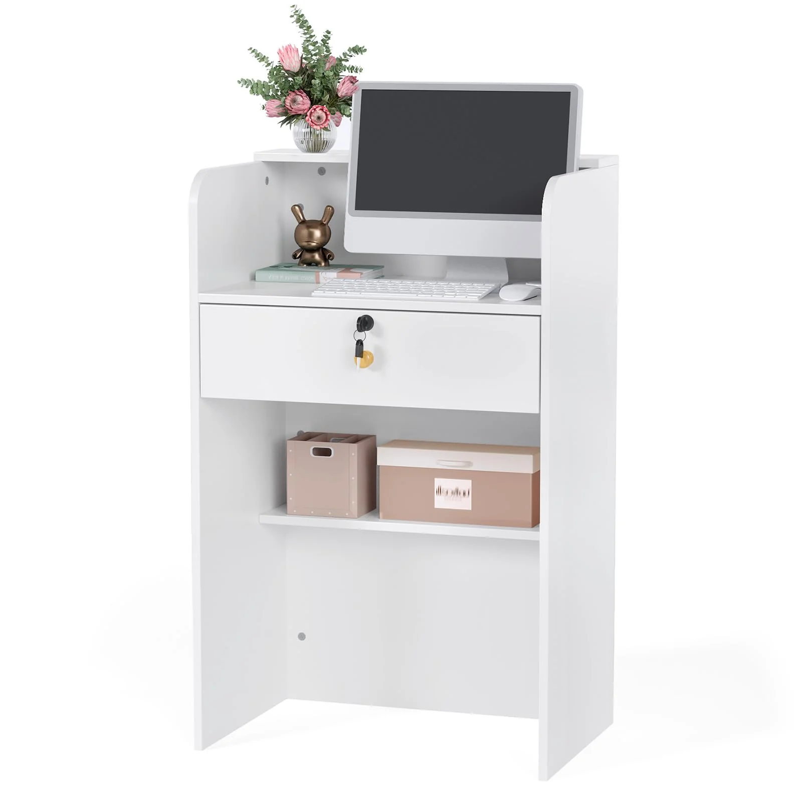 OmySalon RD Modern Wooden Reception Desk with Lockable Drawer and Legroom Rack - Image 9