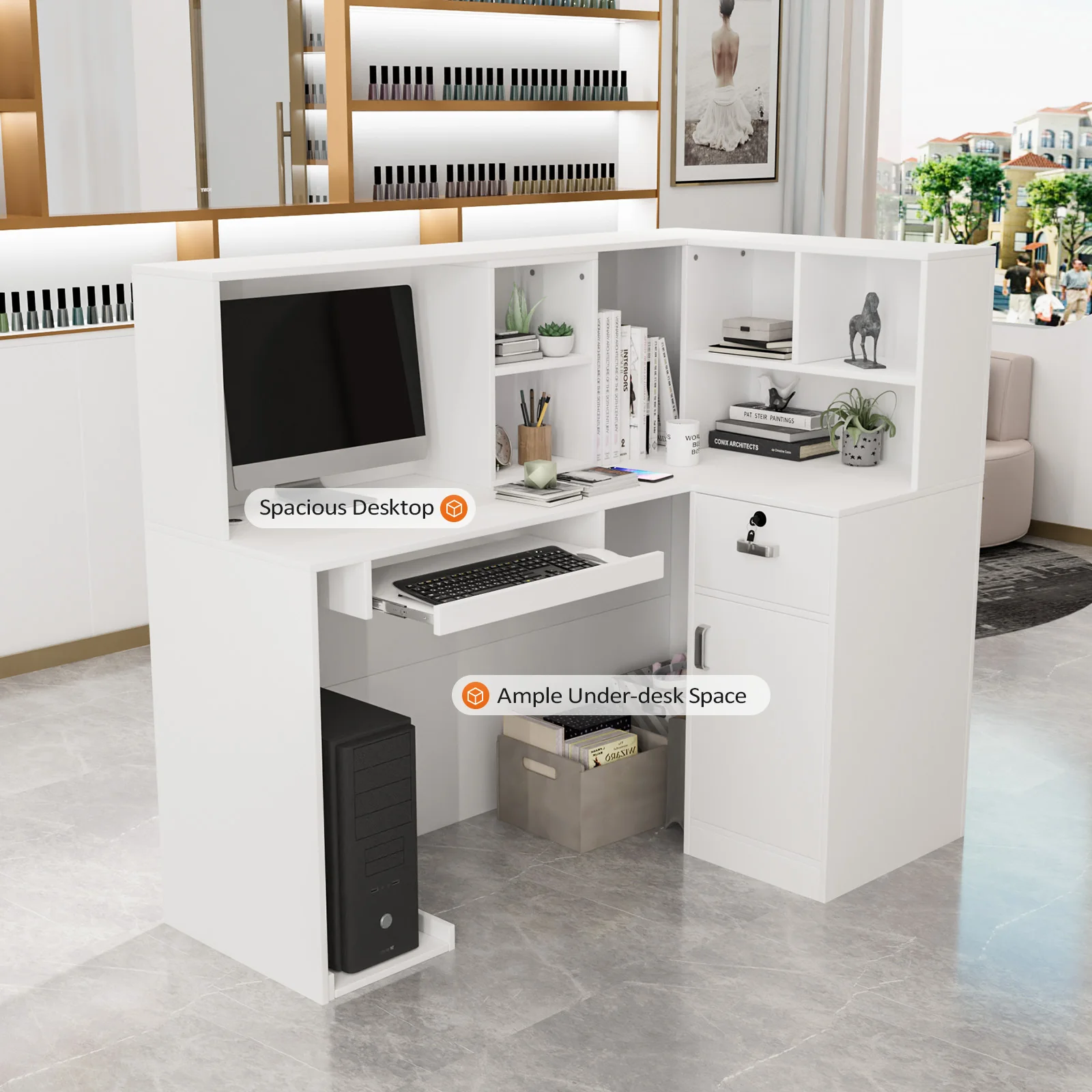 OmySalon OSRD-L Modern Computer Reception Desk with Removable Grid and Lockable Drawer - Image 10