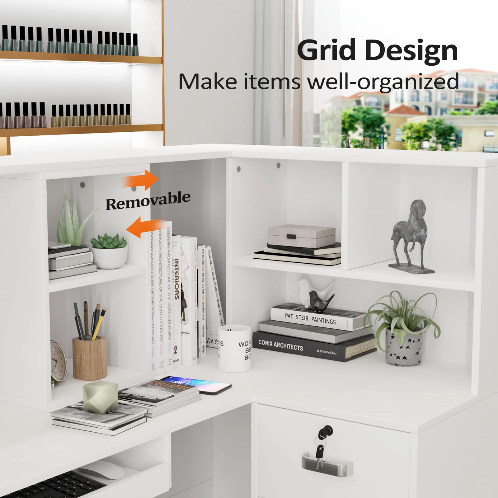 OmySalon OSRD-L Modern Computer Reception Desk with Removable Grid and Lockable Drawer - Image 11